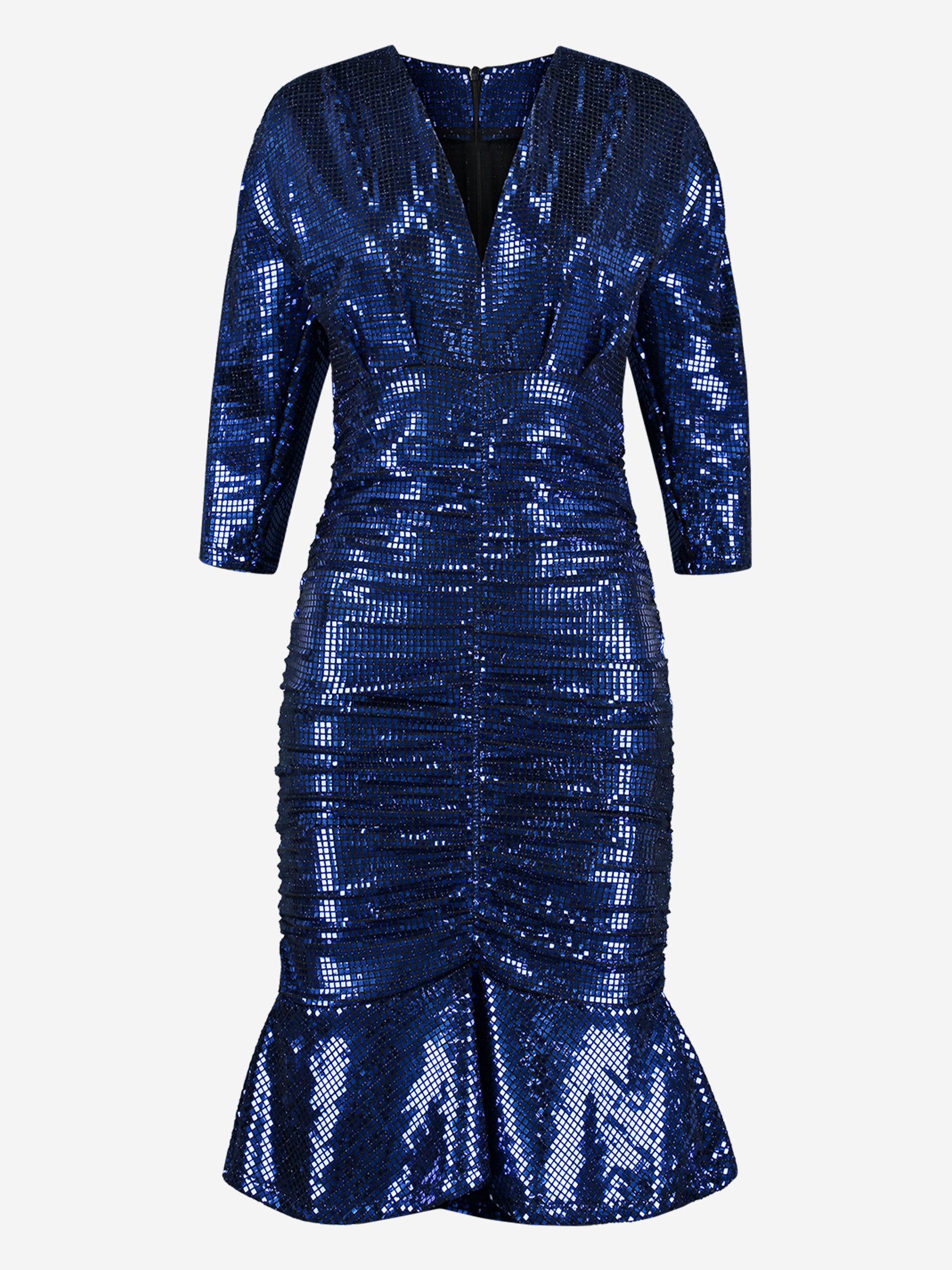 Geplooide blauwe metallic jurk 