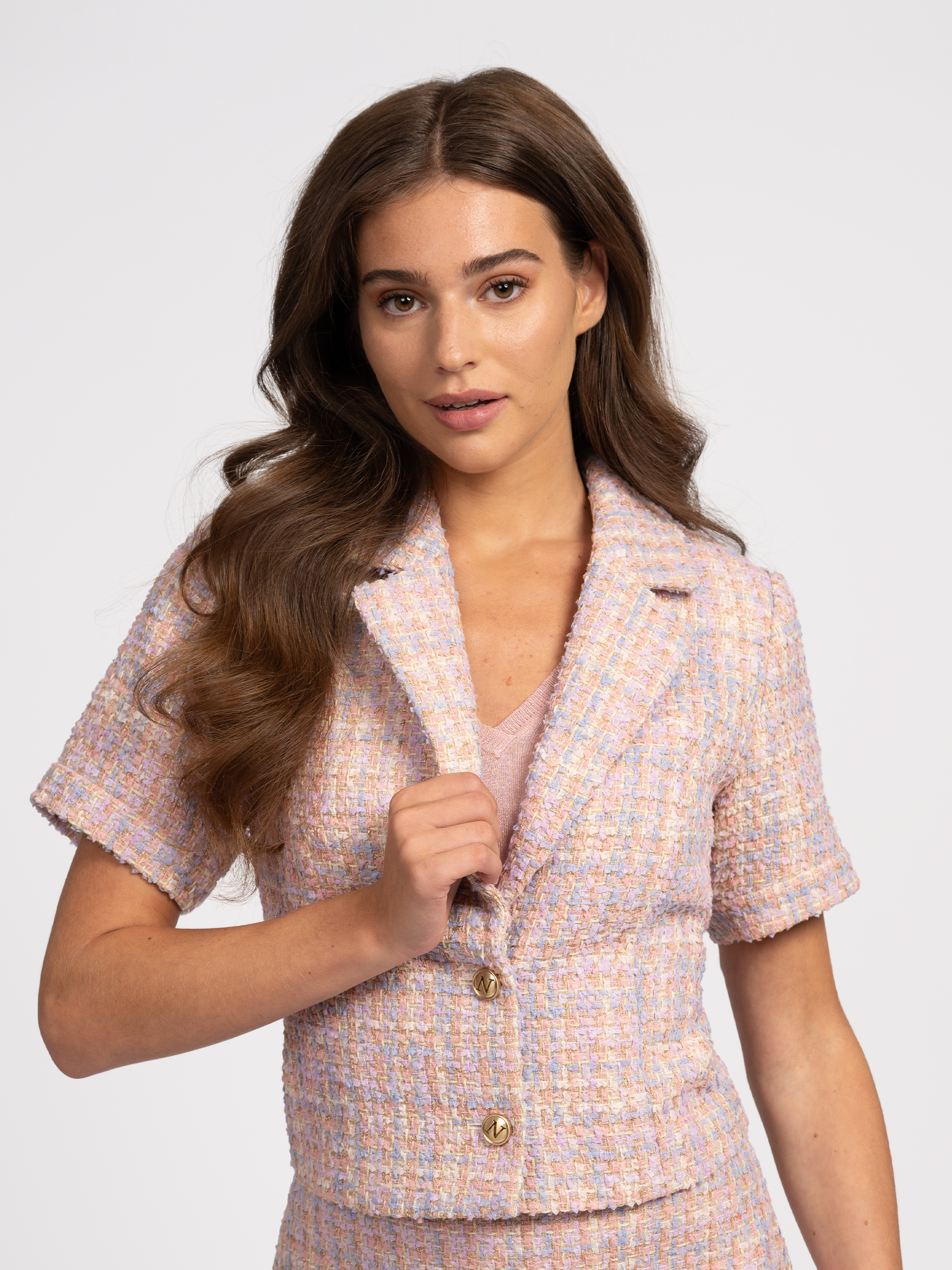 Cropped tweed blazer met glitterdraadje