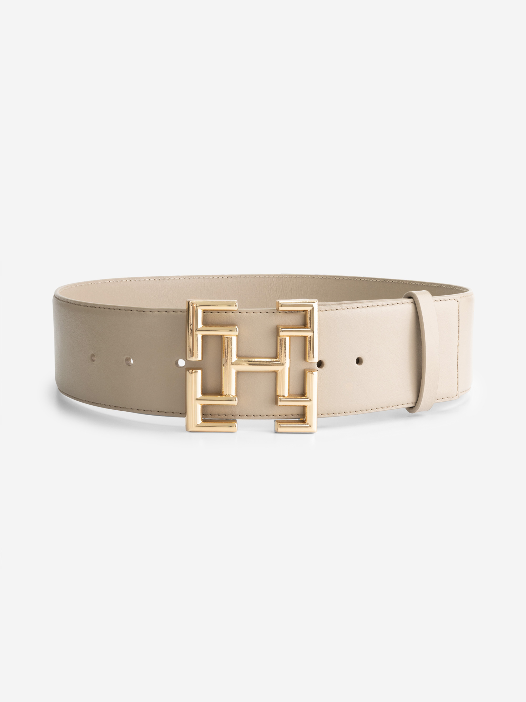 Leather belt with logo buckle