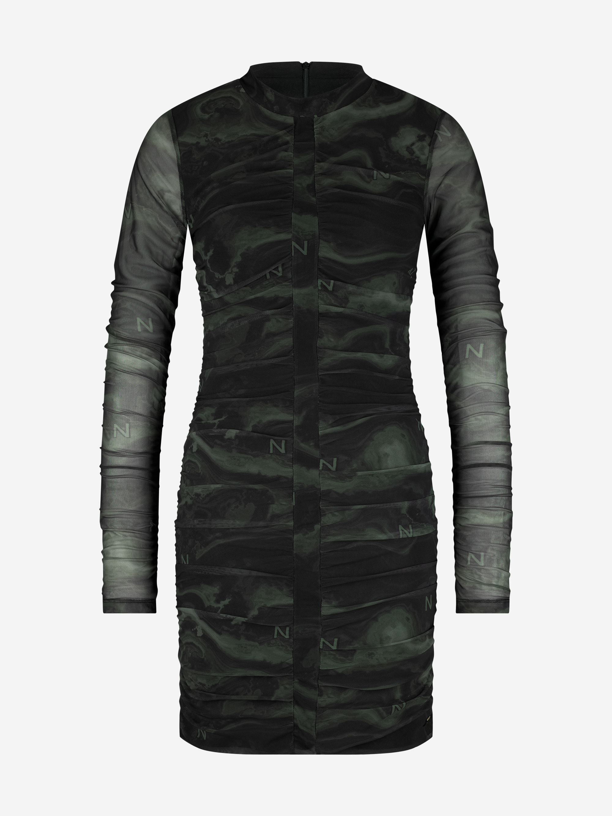 Draped mesh dress with logo pattern