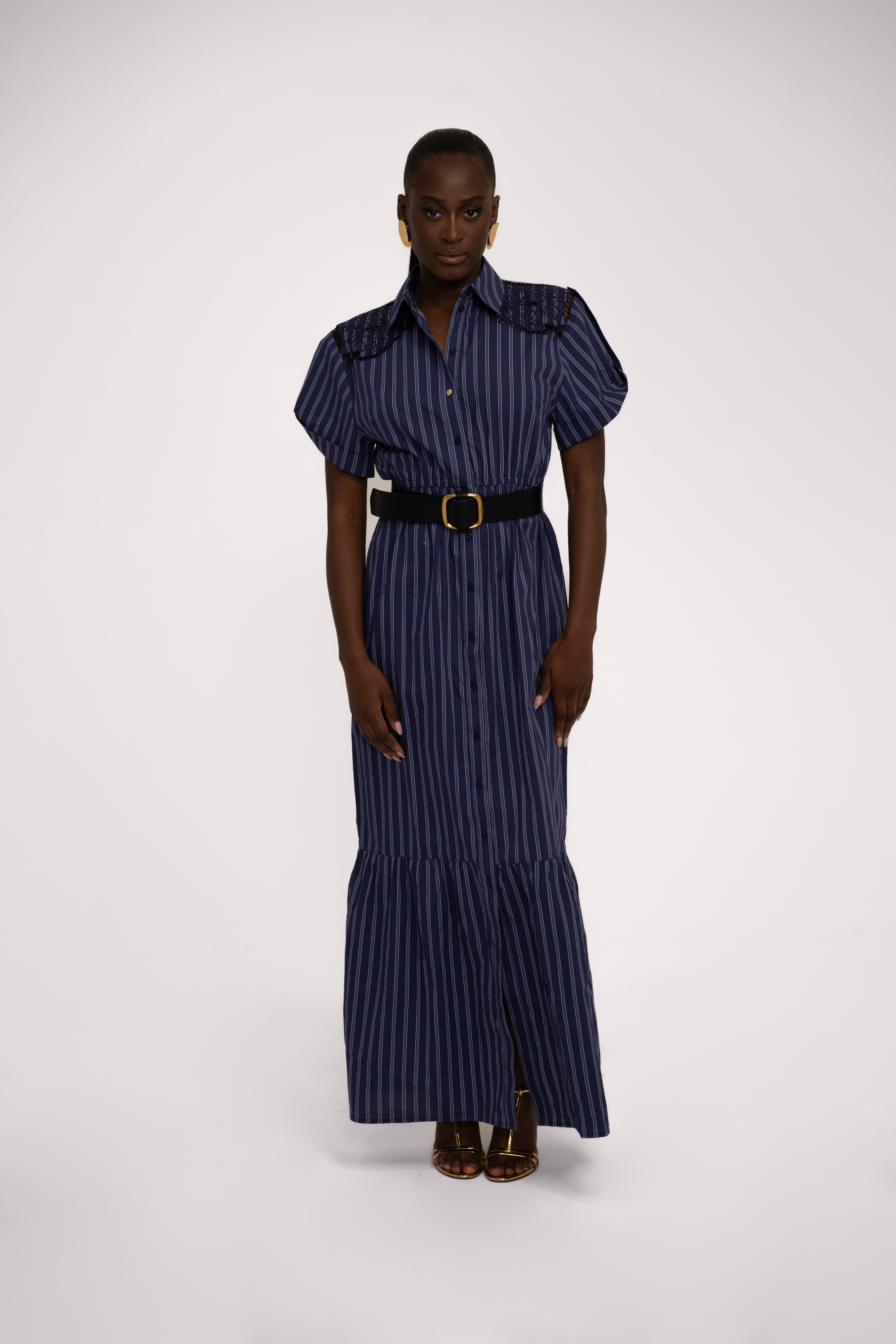Gestreepte maxi jurk met kanten cut-out details