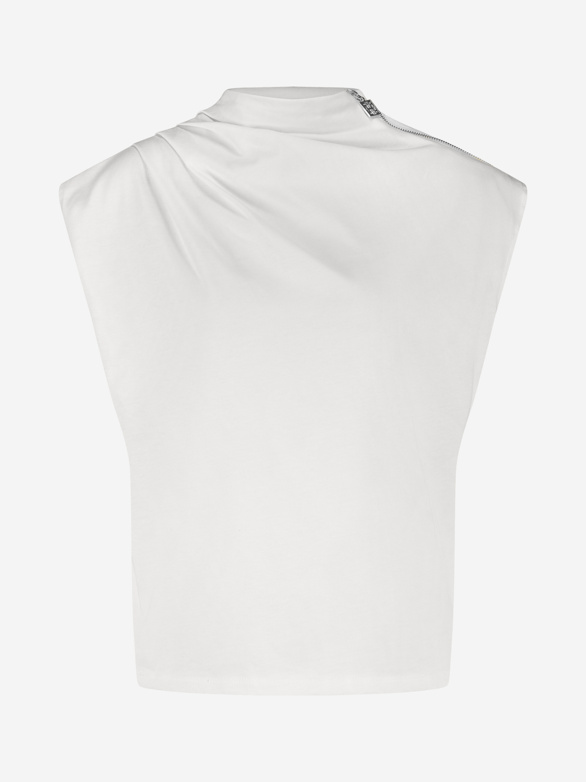 Top with draping neckline and zipper detail on the shoulder
