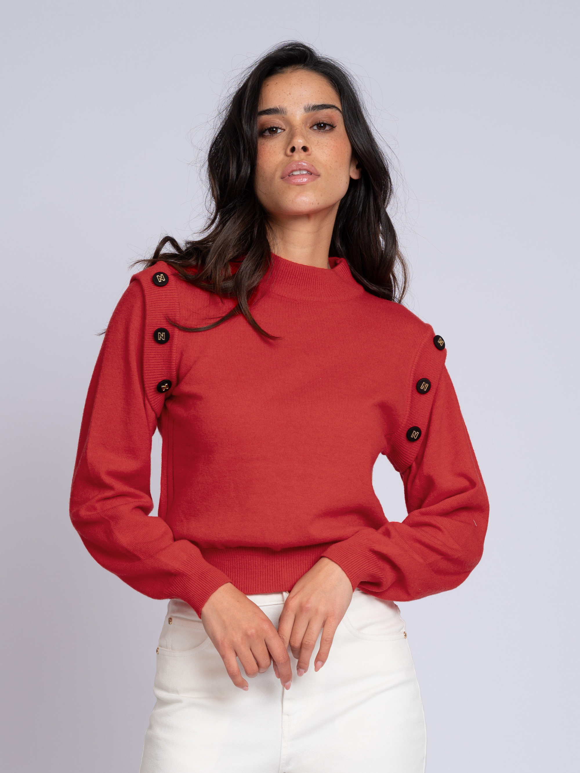 Sweater with decorative N-buttons at shoulders