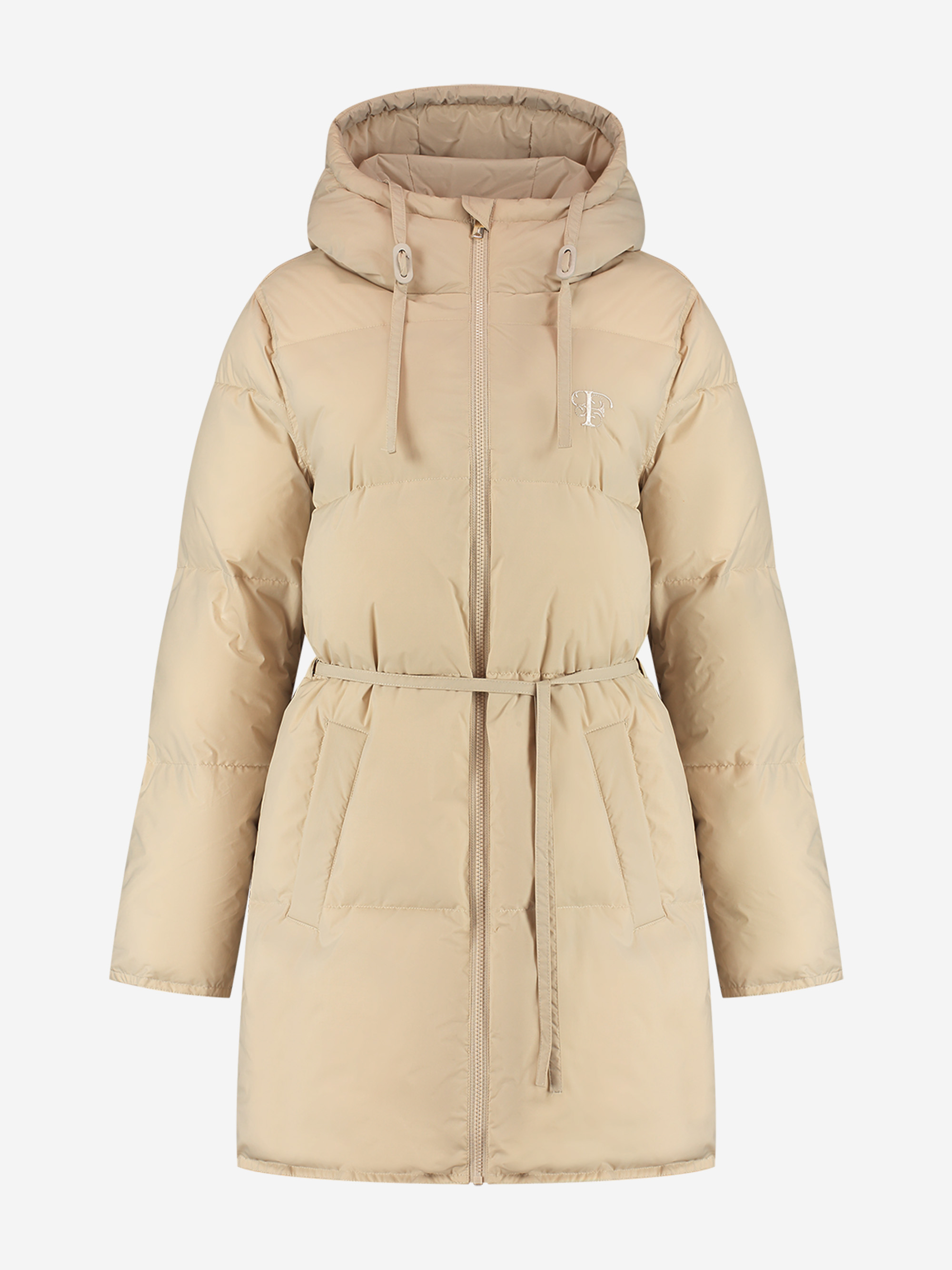 Puffer jacket with hood and tie cord