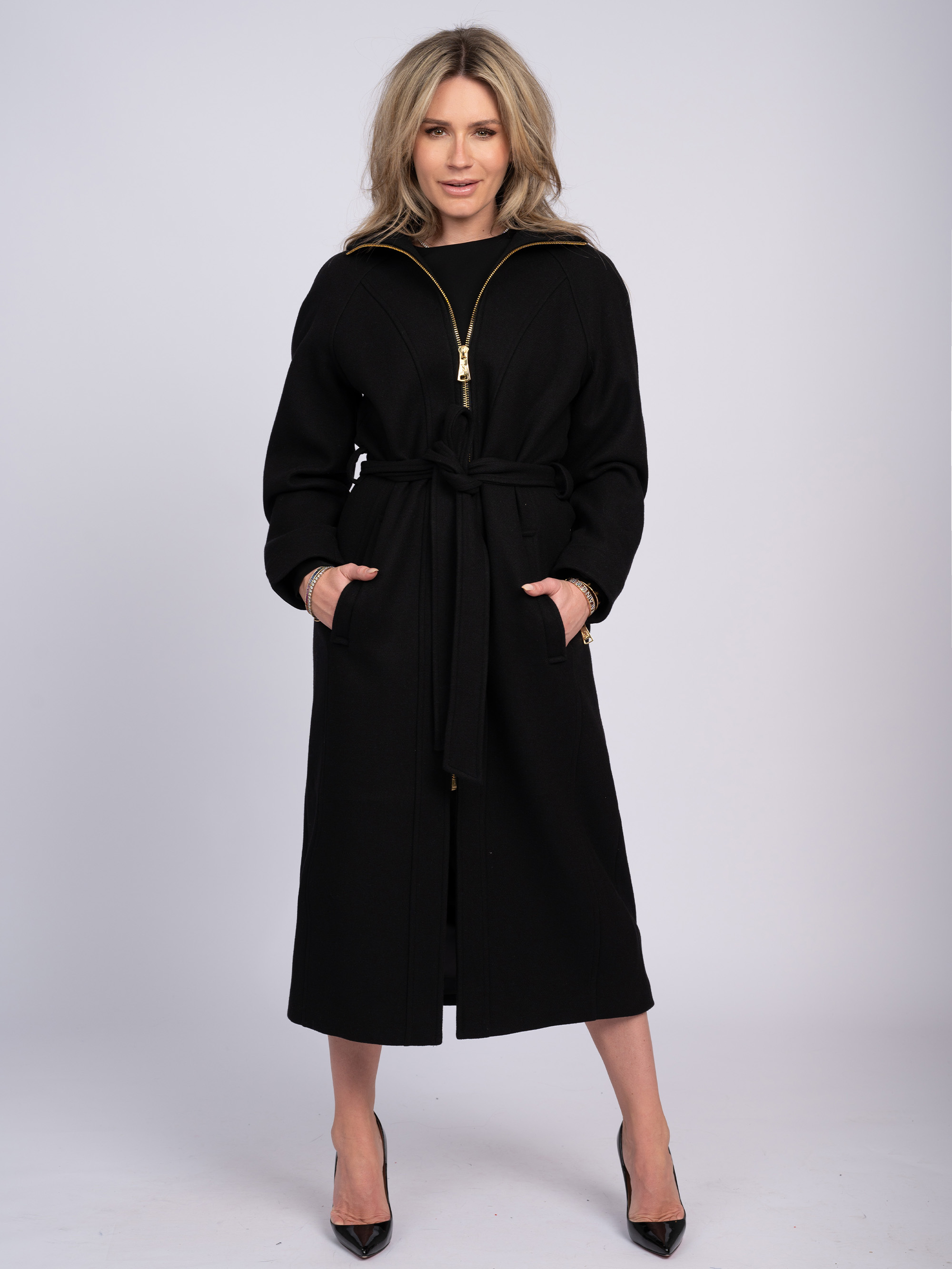 Long wool mix coat with a belt and high collar