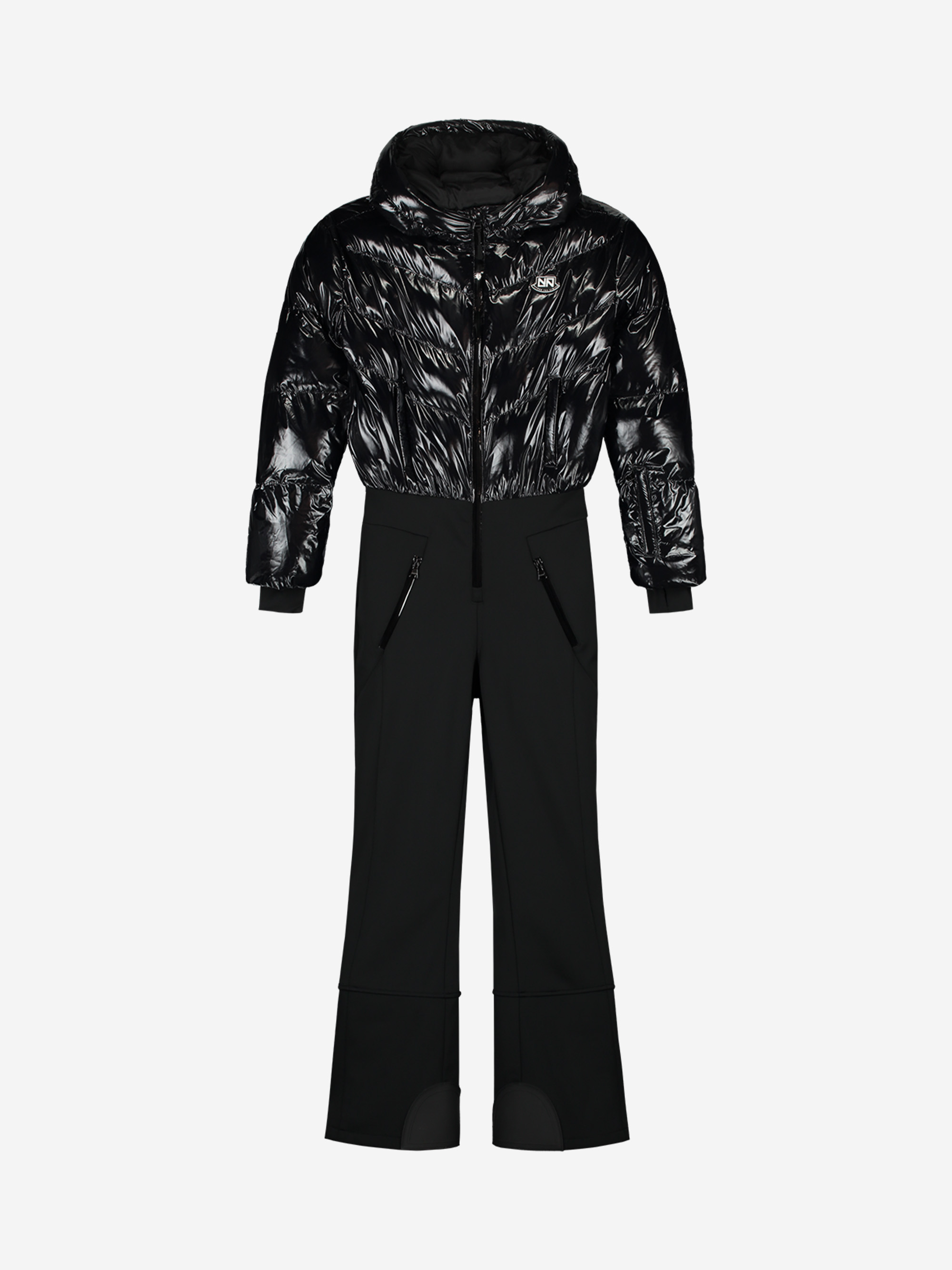Ski jumpsuit with hood and adjustable waist