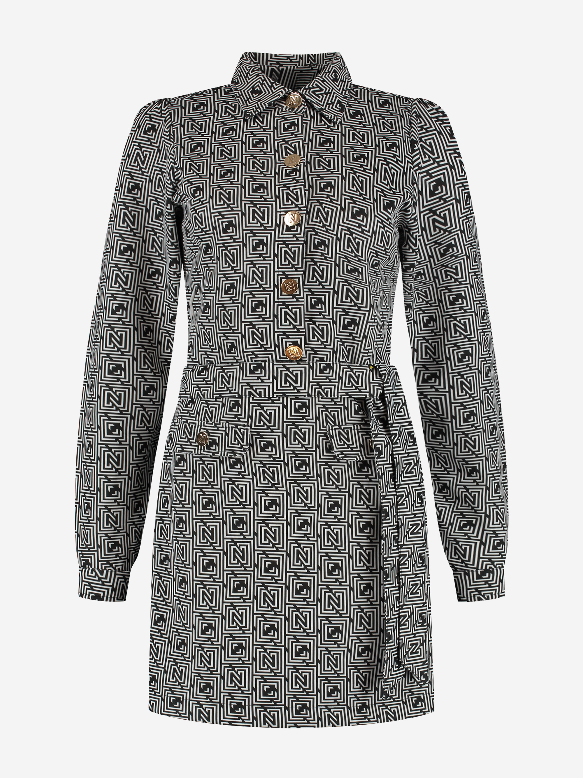 Dress with logo pattern and belt