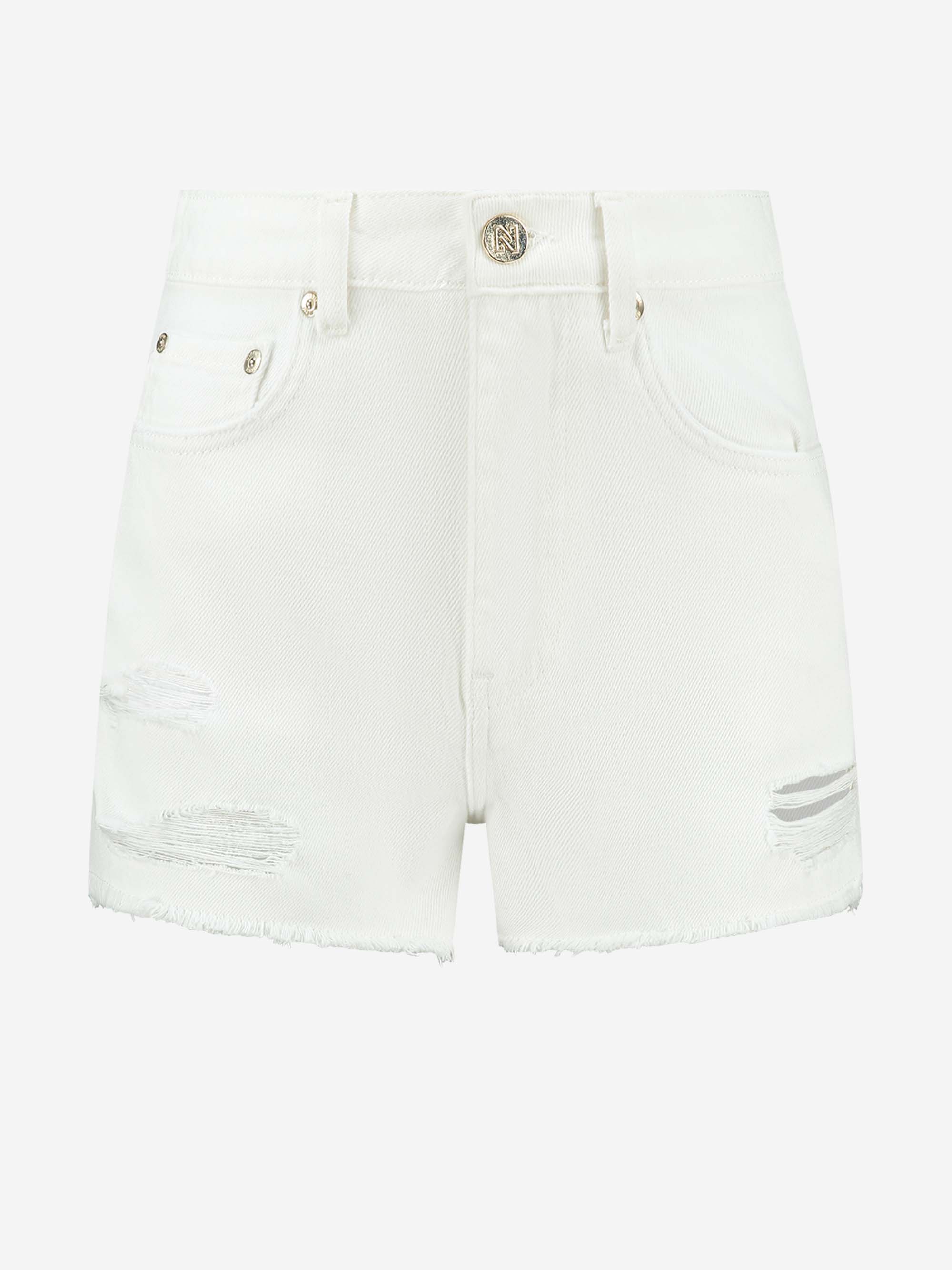  High rise denim shorts met scheuren