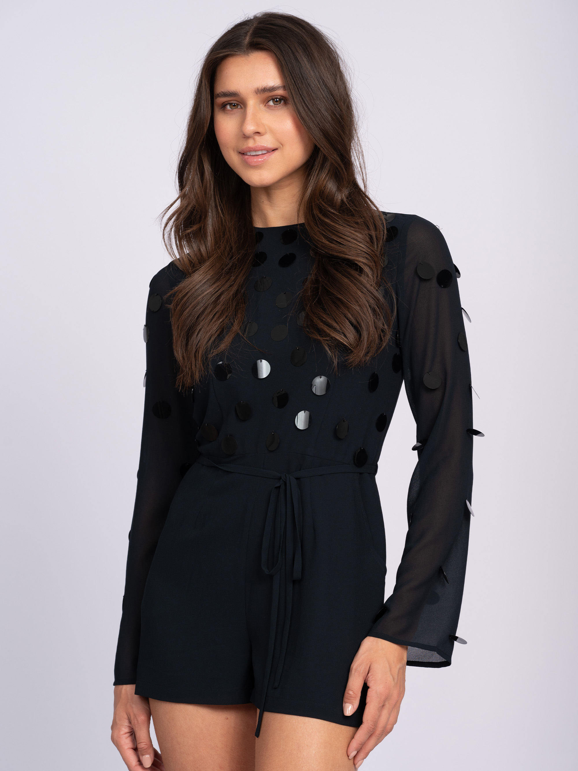 Playsuit with sequins and a tie cord