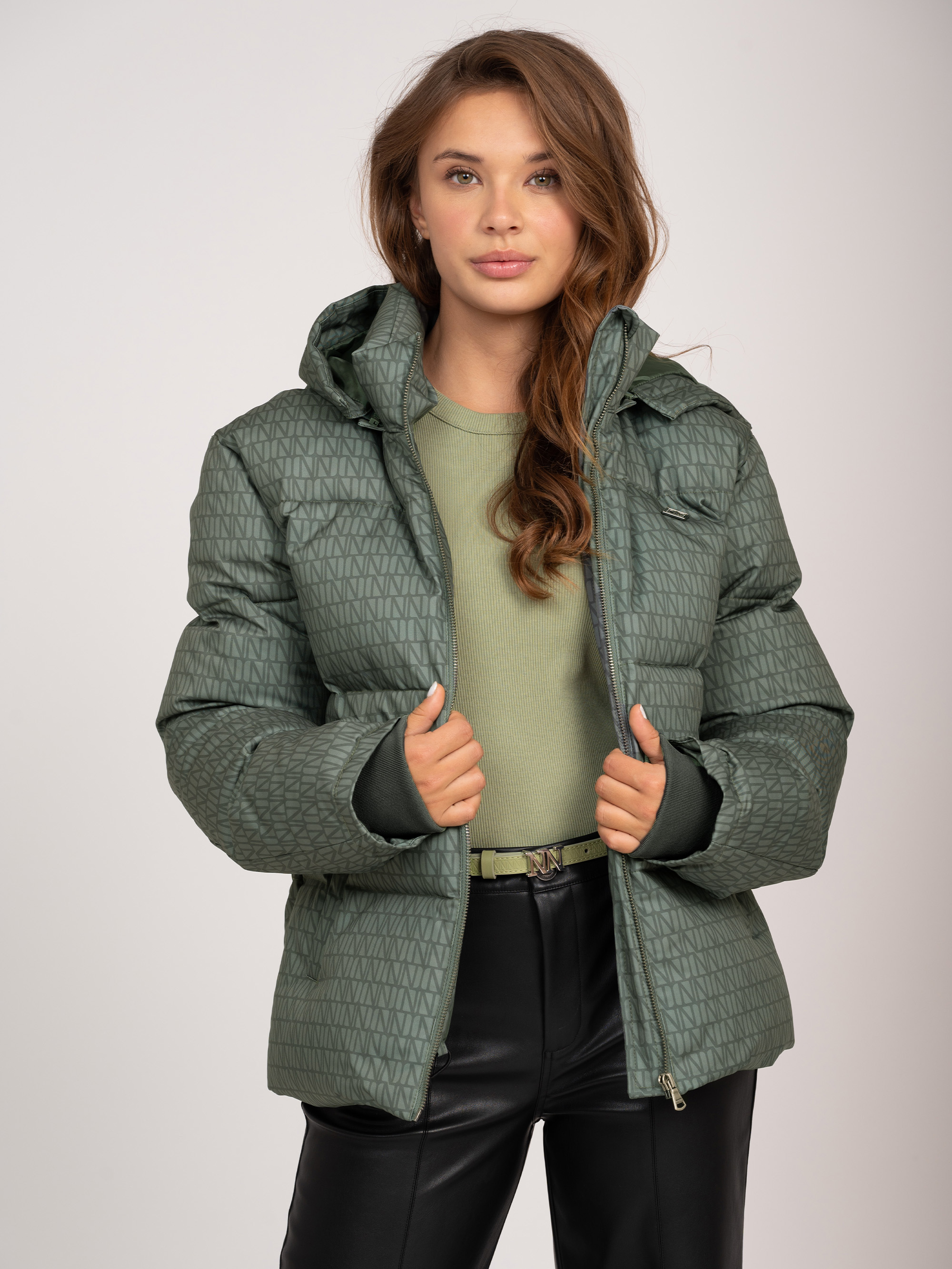 Puffer jacket with logo pattern and hood