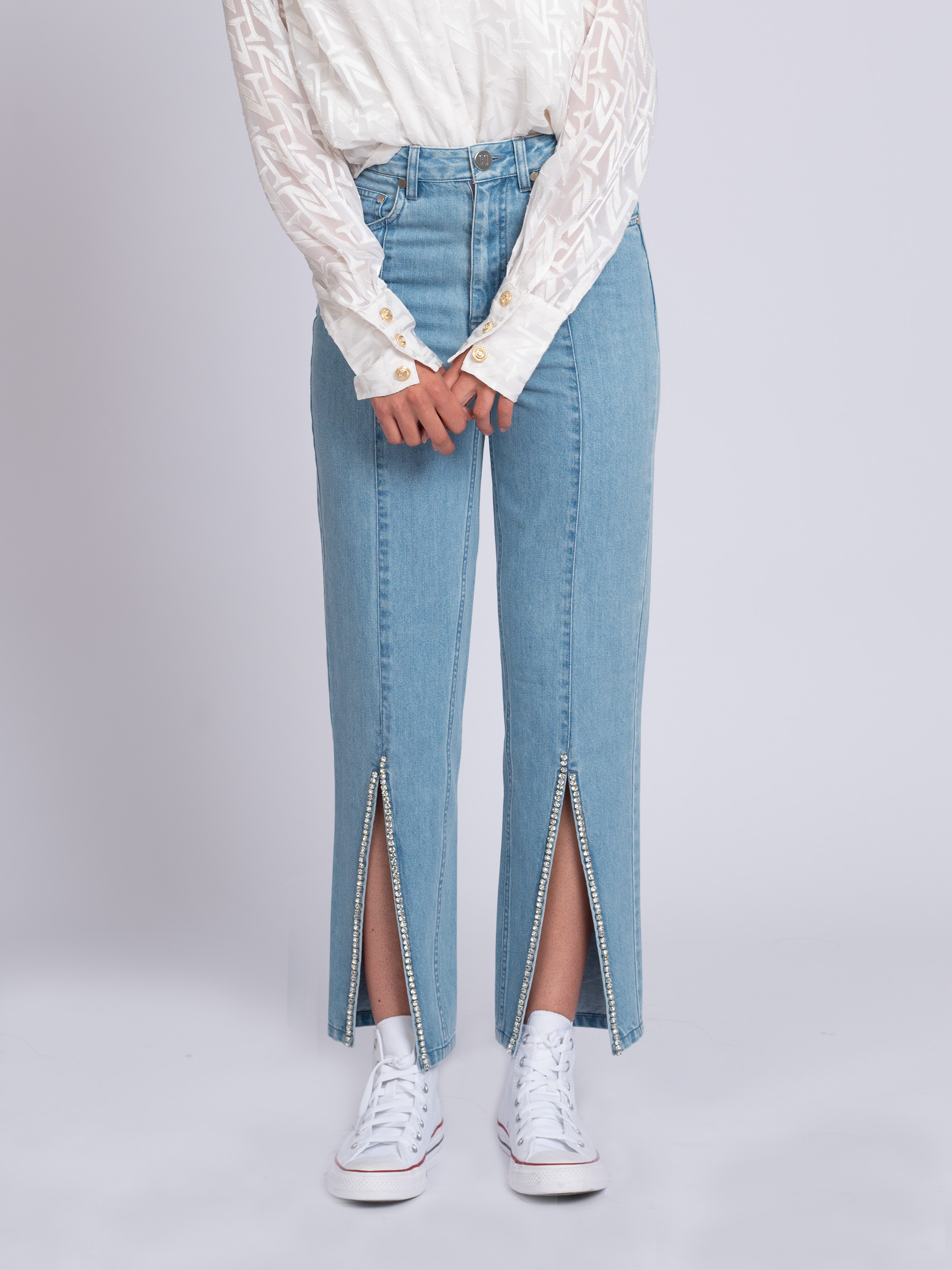 Jeans met split en strass steentjes
