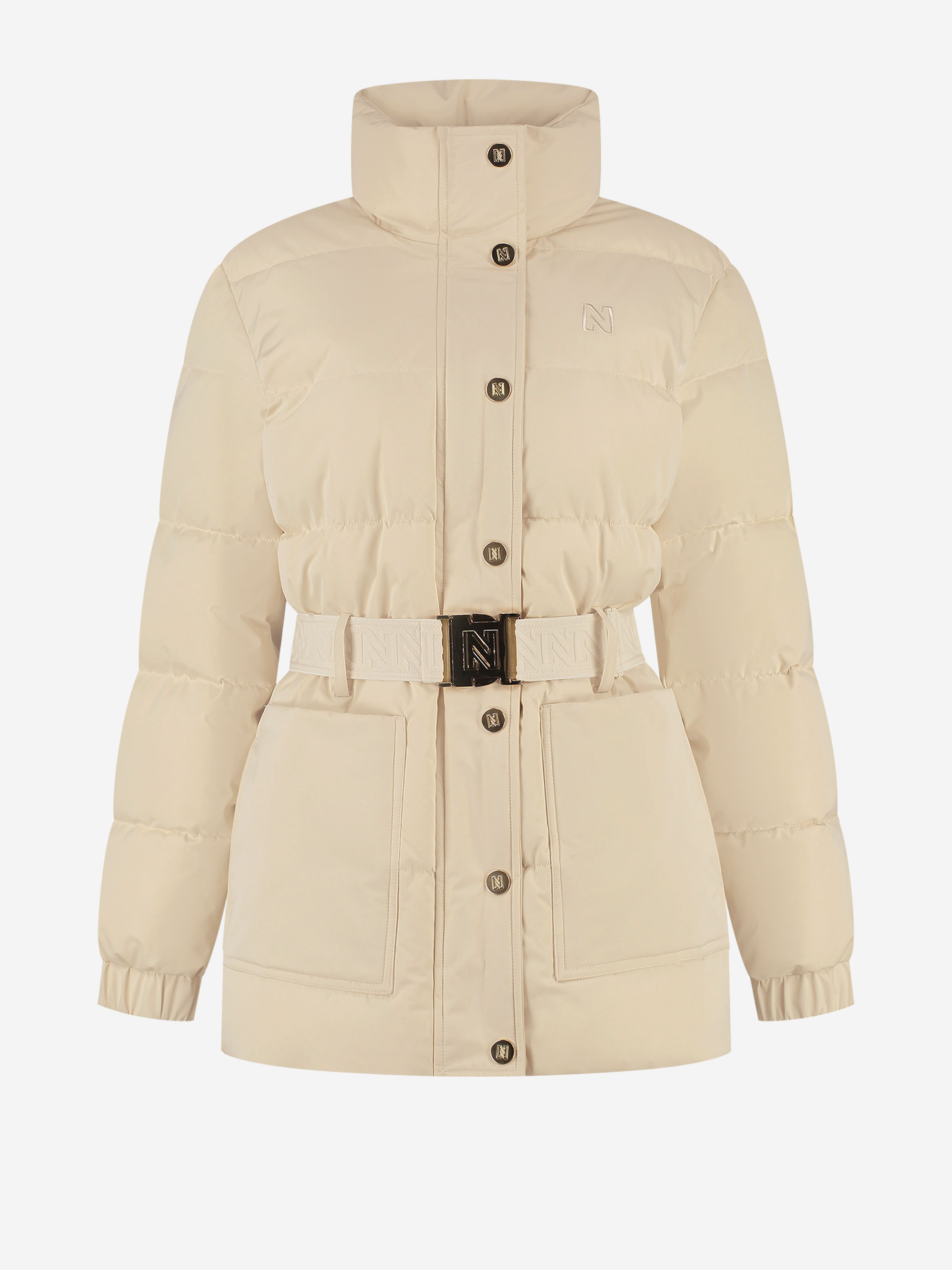 Puffer jas met hoge hals en riem