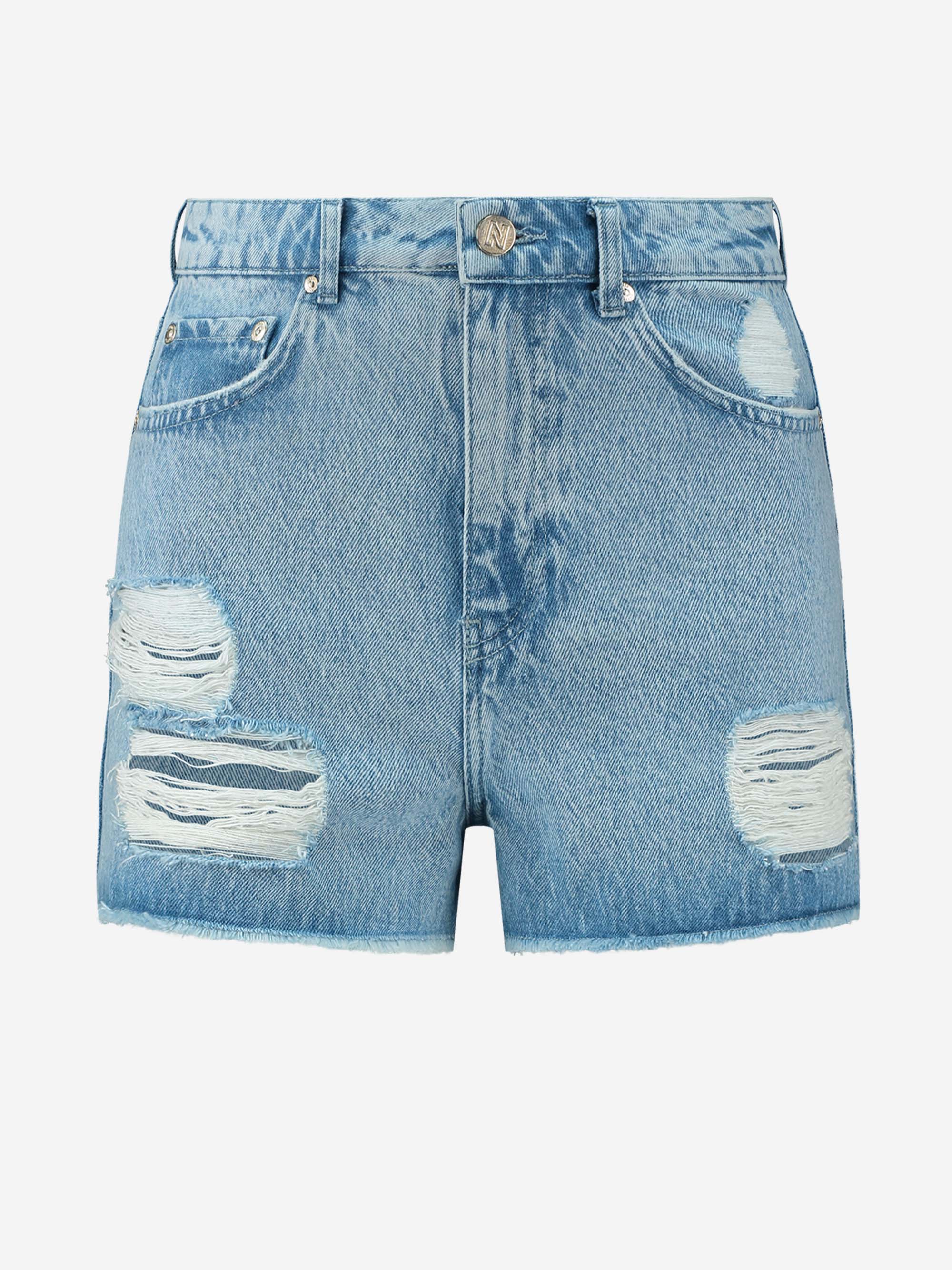  High rise denim shorts met scheuren