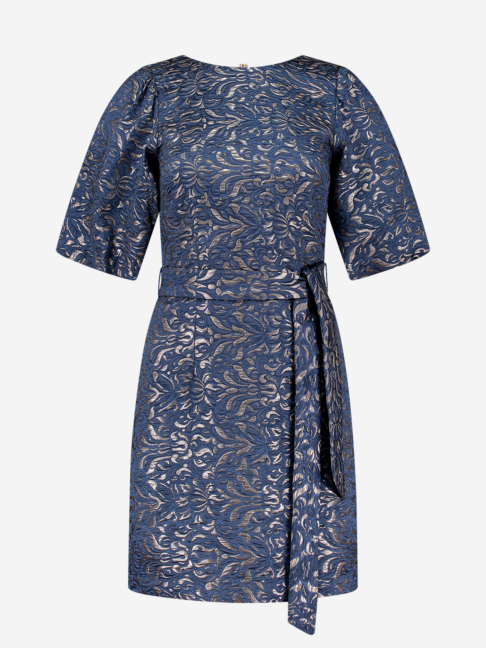 Jacquard woven dress with tie belt