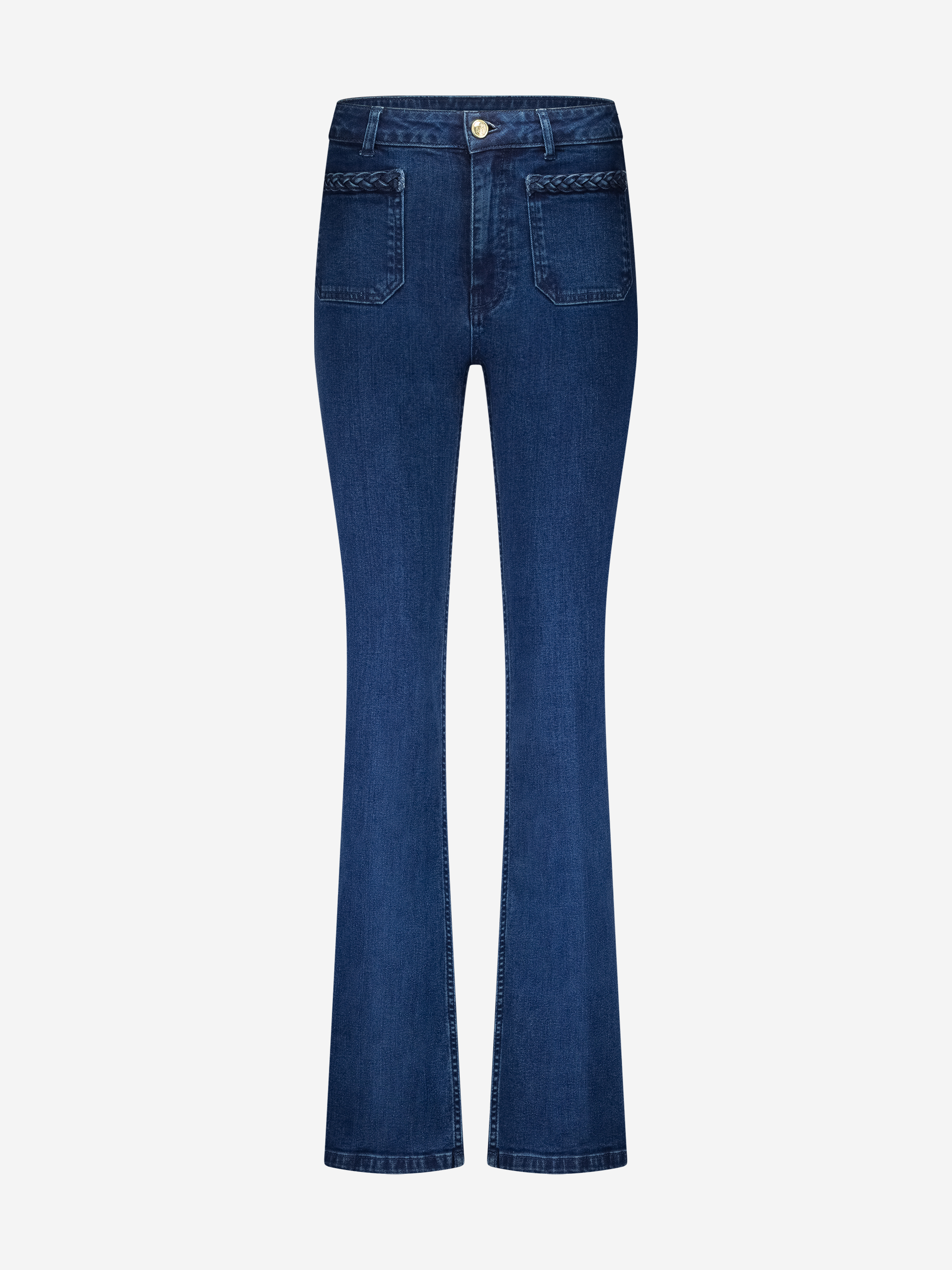 Flared jeans with braided detail at pockets