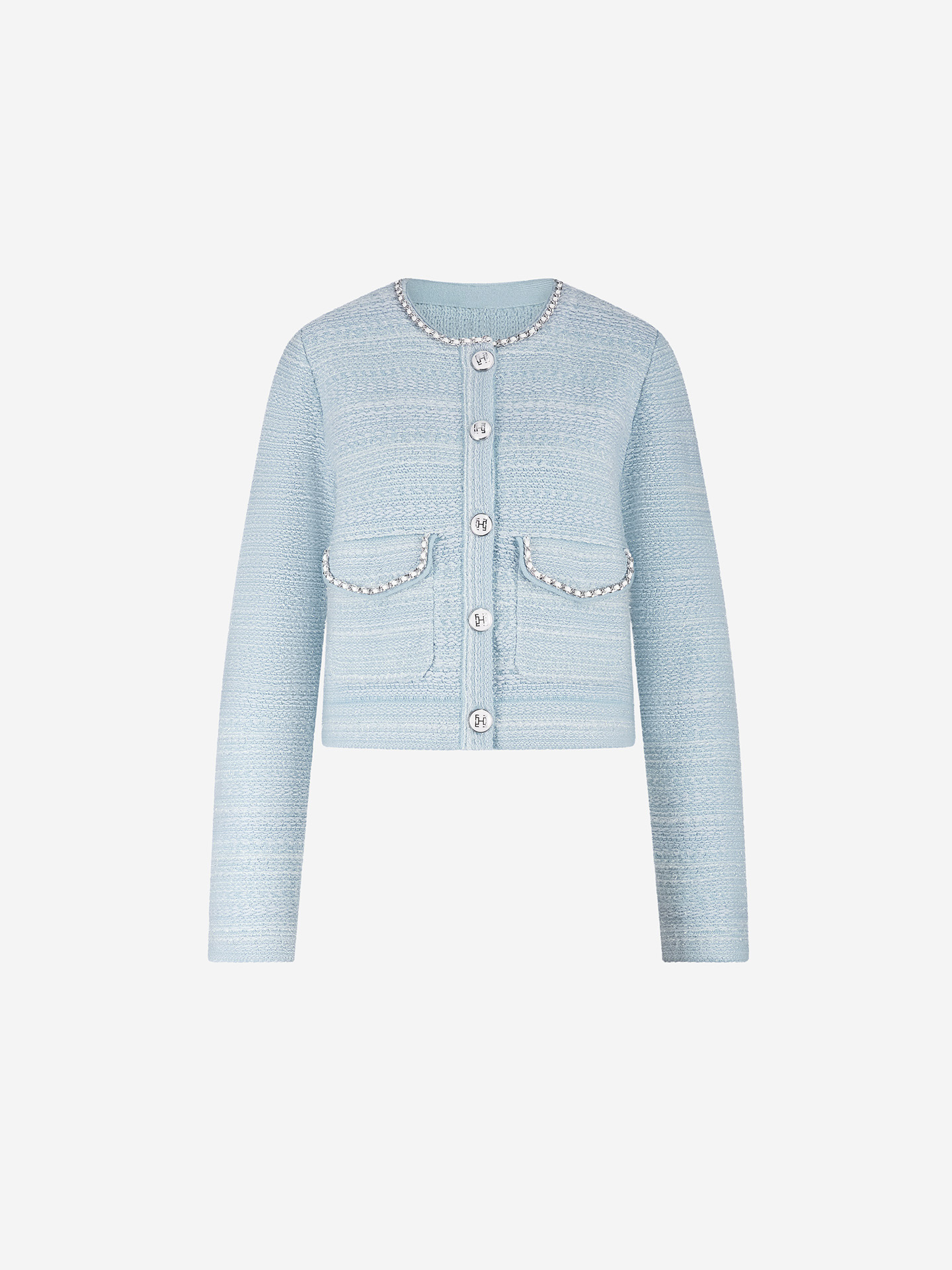 Kort bouclé jack met kettingdetails