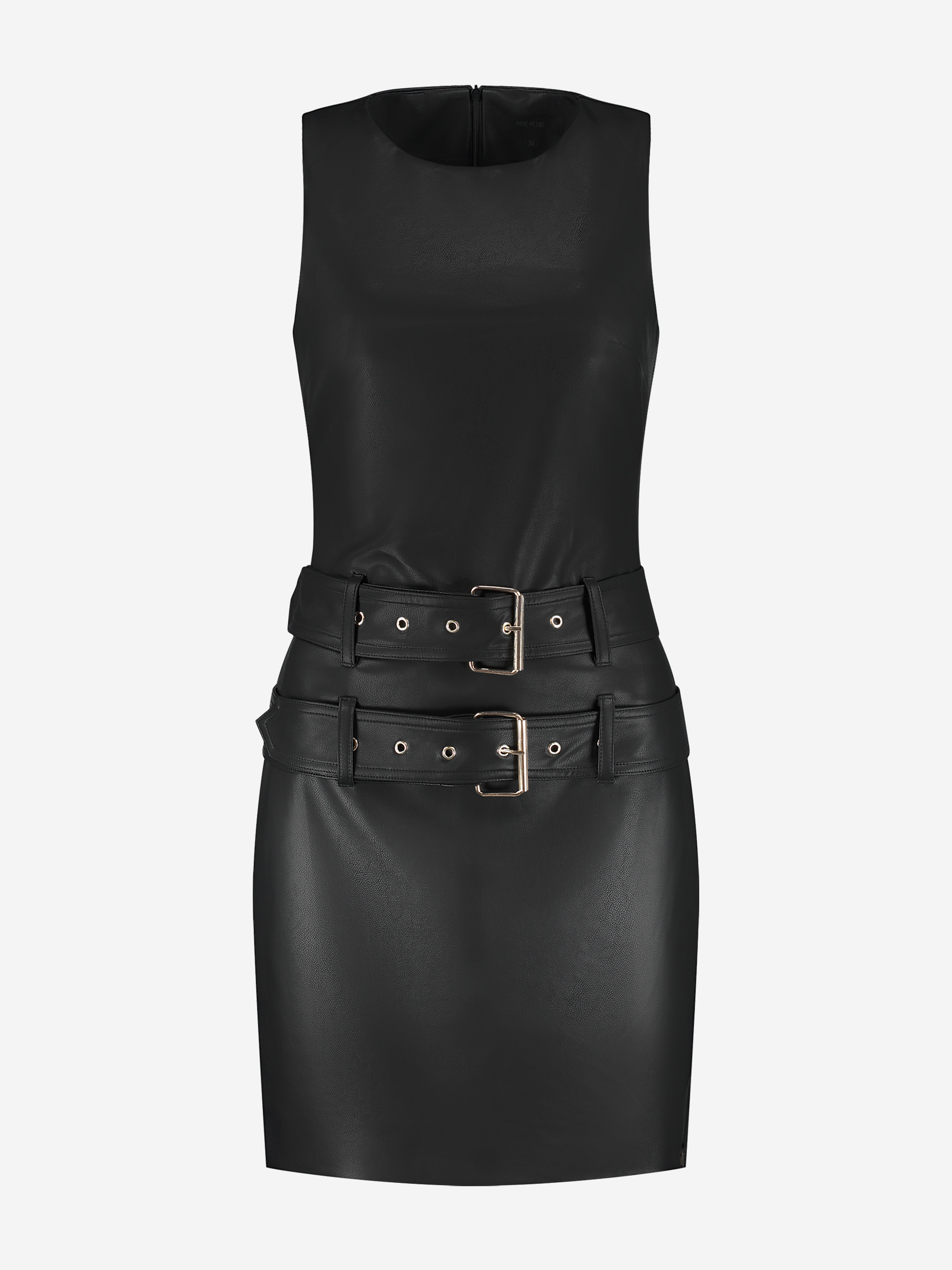 Fitted dress made of faux leather with large belts
