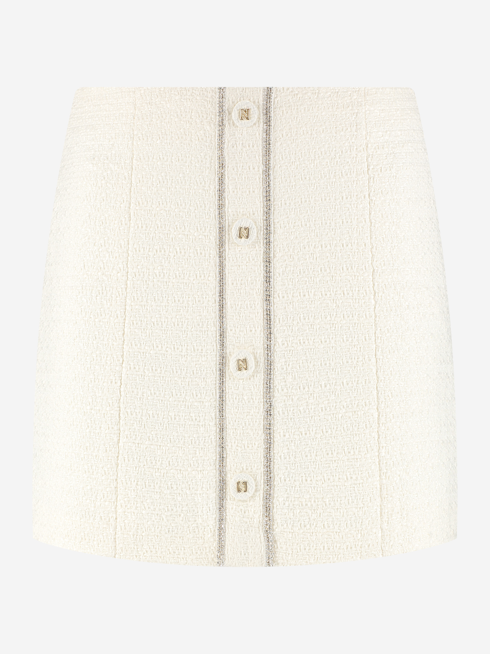 Korte tweed rok met N-knopen en glimmende biezen