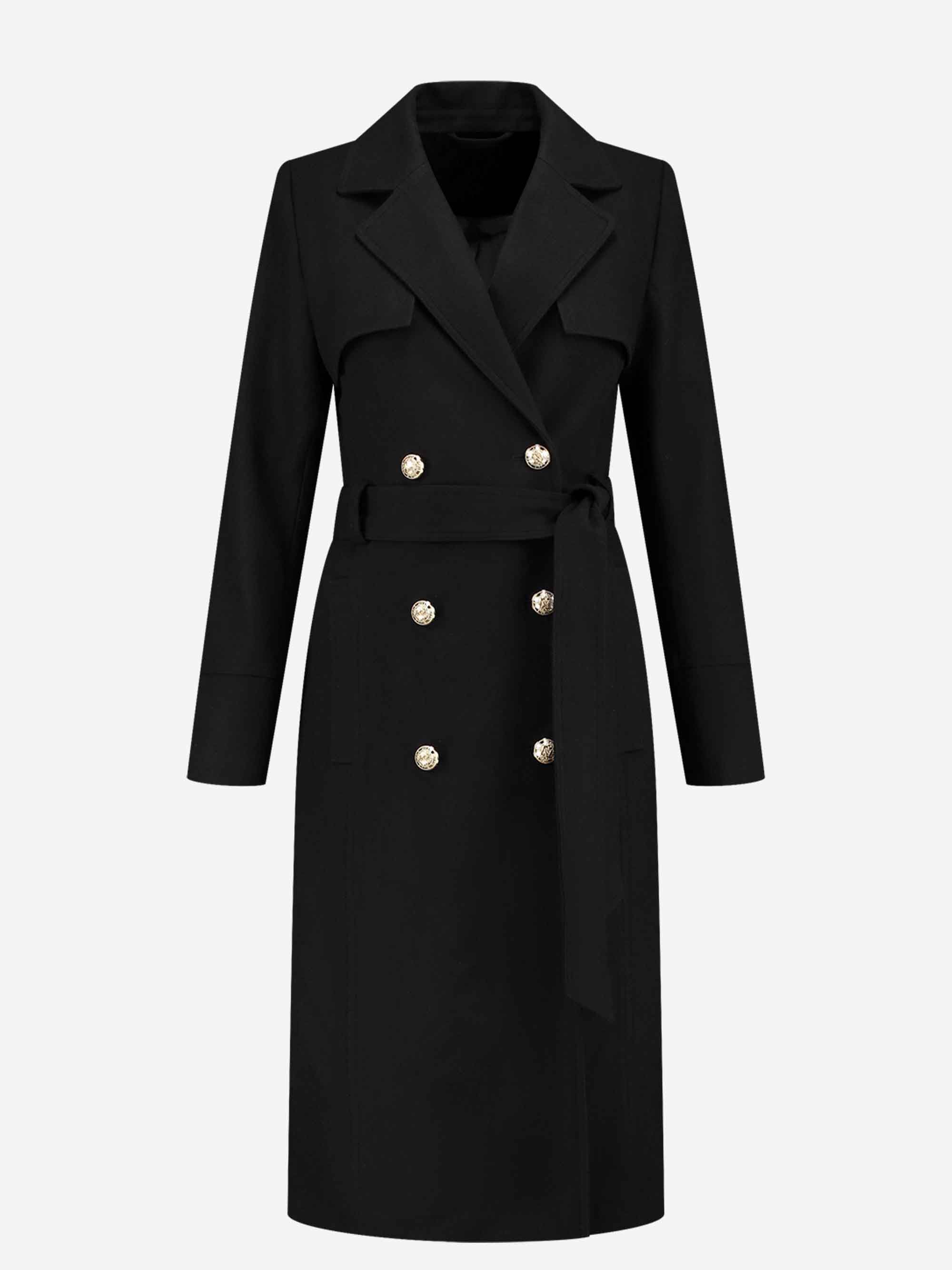 Long double-breasted coat with tie belt