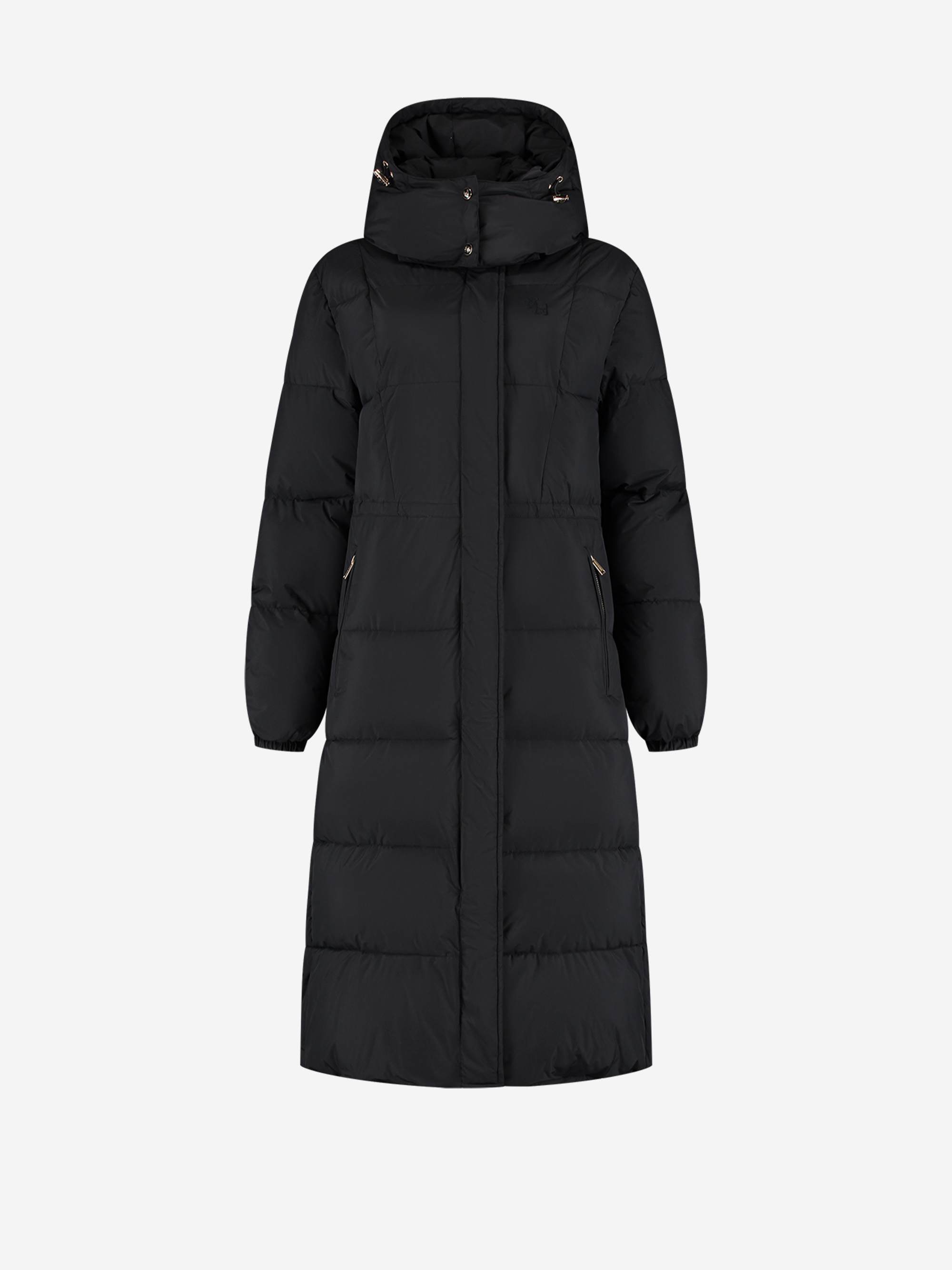 Lange puffer jas met capuchon en getailleerde taille