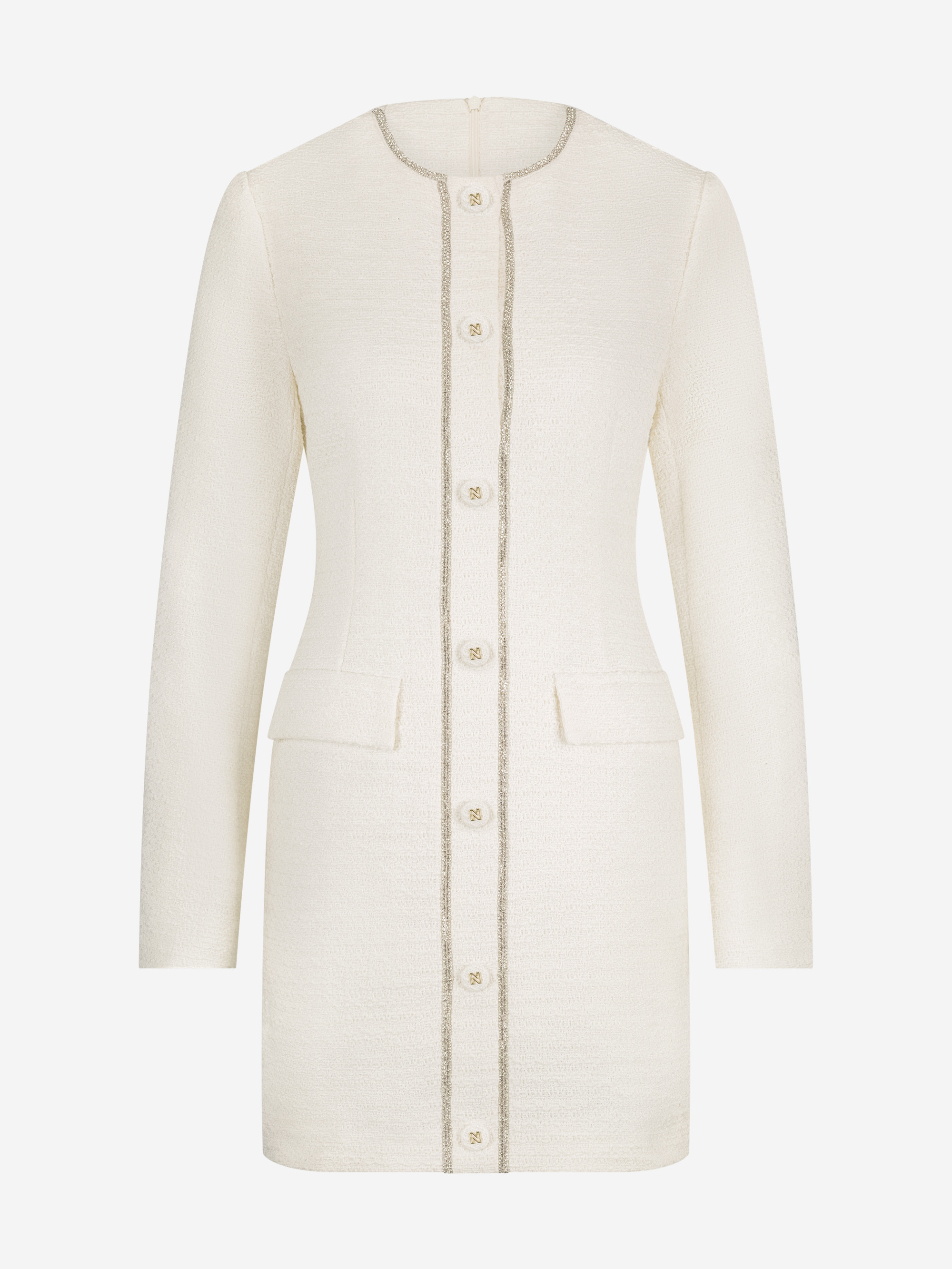 Aansluitende tweed jurk met N-knopen