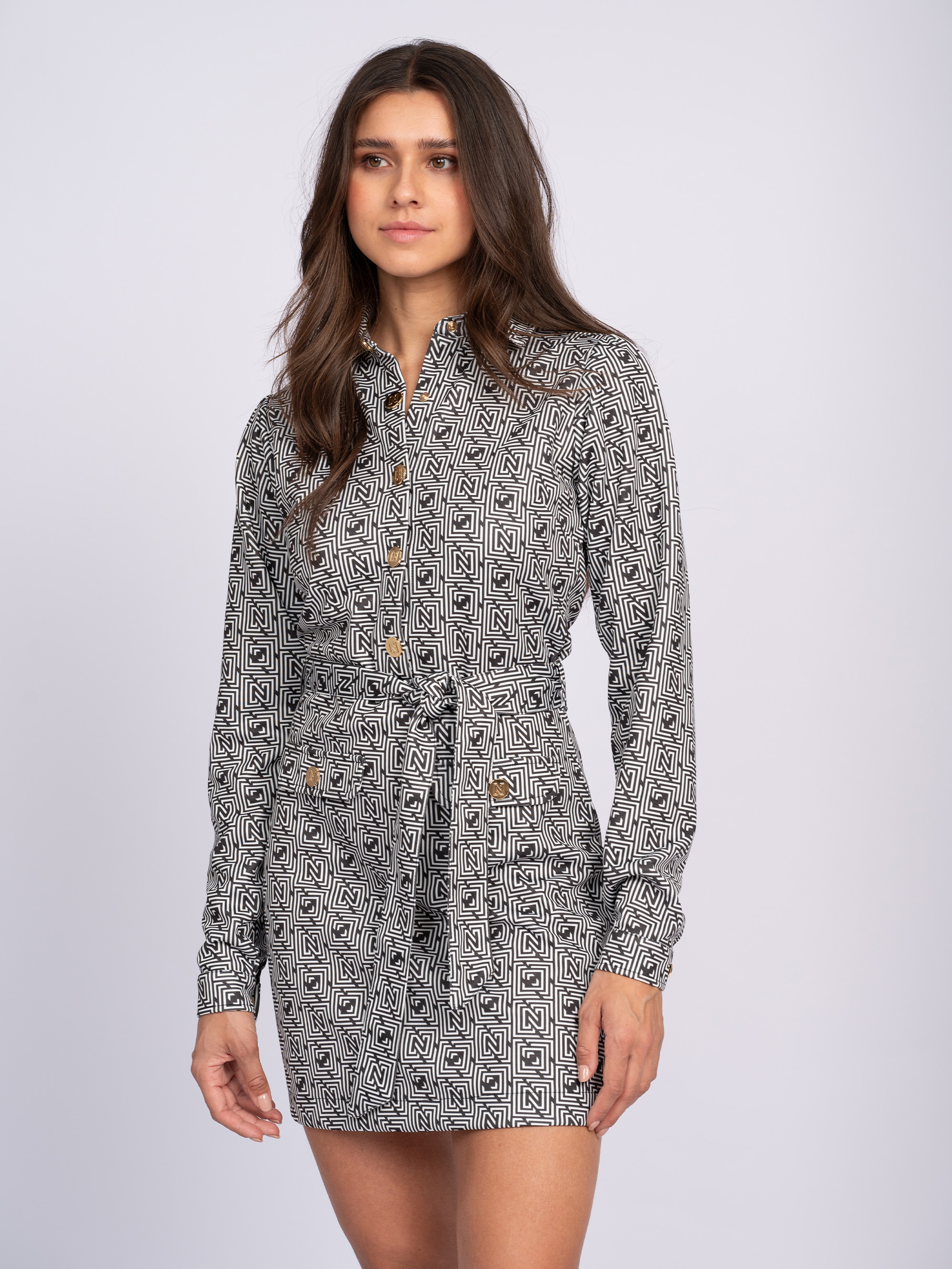 Dress with logo pattern and belt