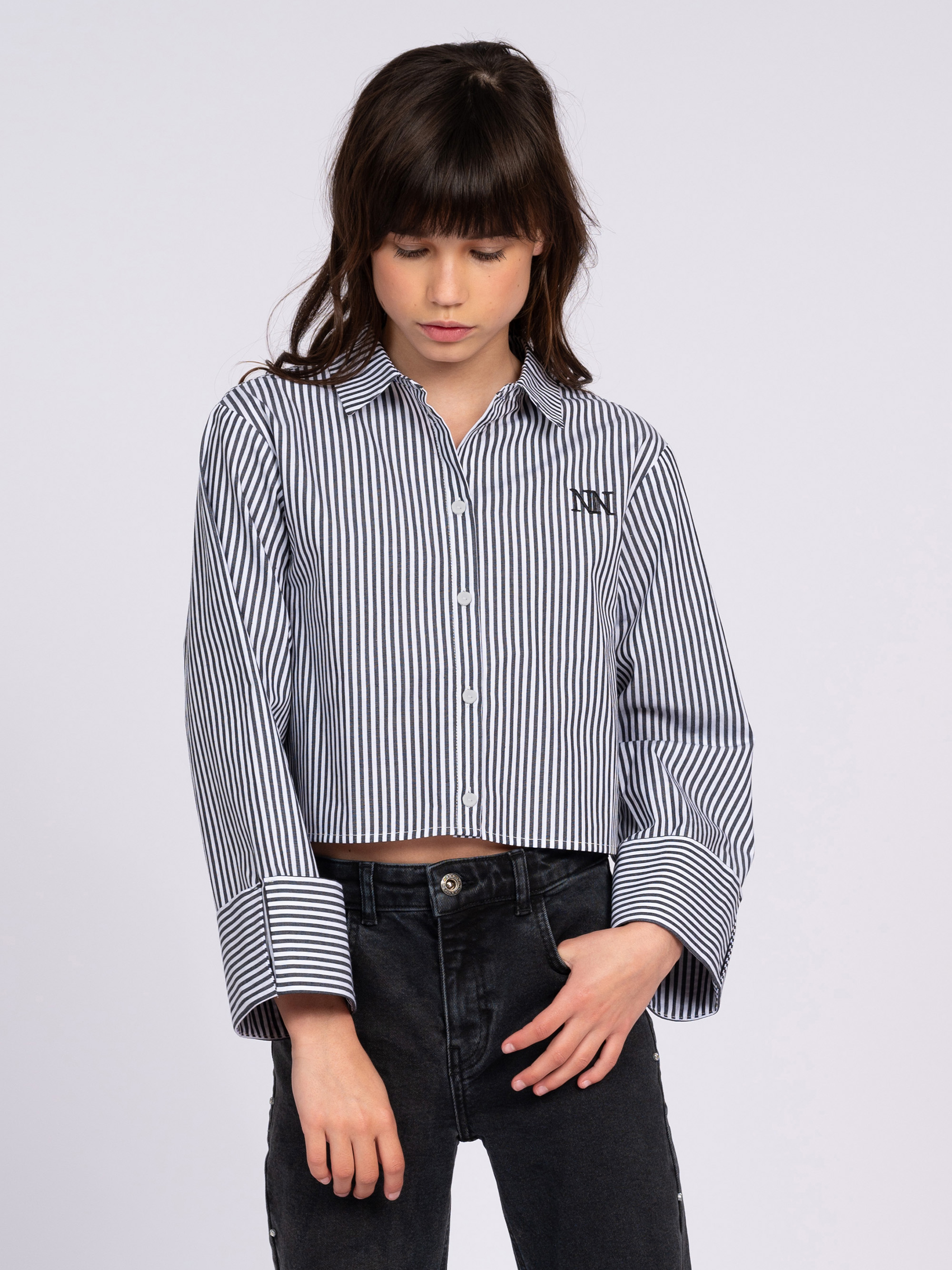Striped short blouse with fold-over sleeves
