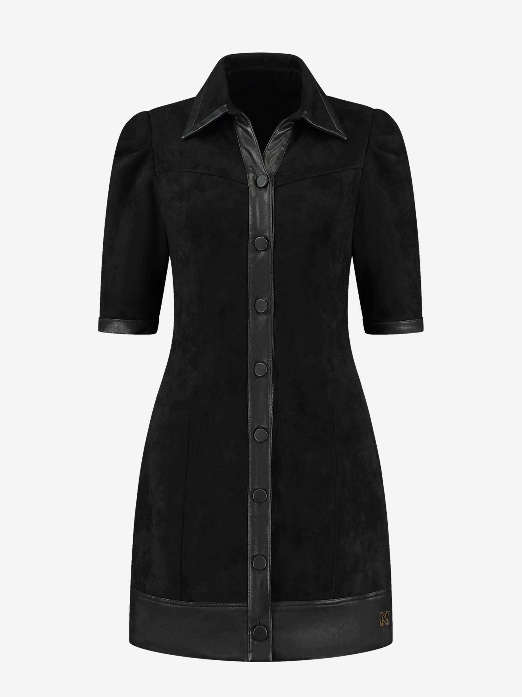 Fitted suede look jurk met vegan leren details