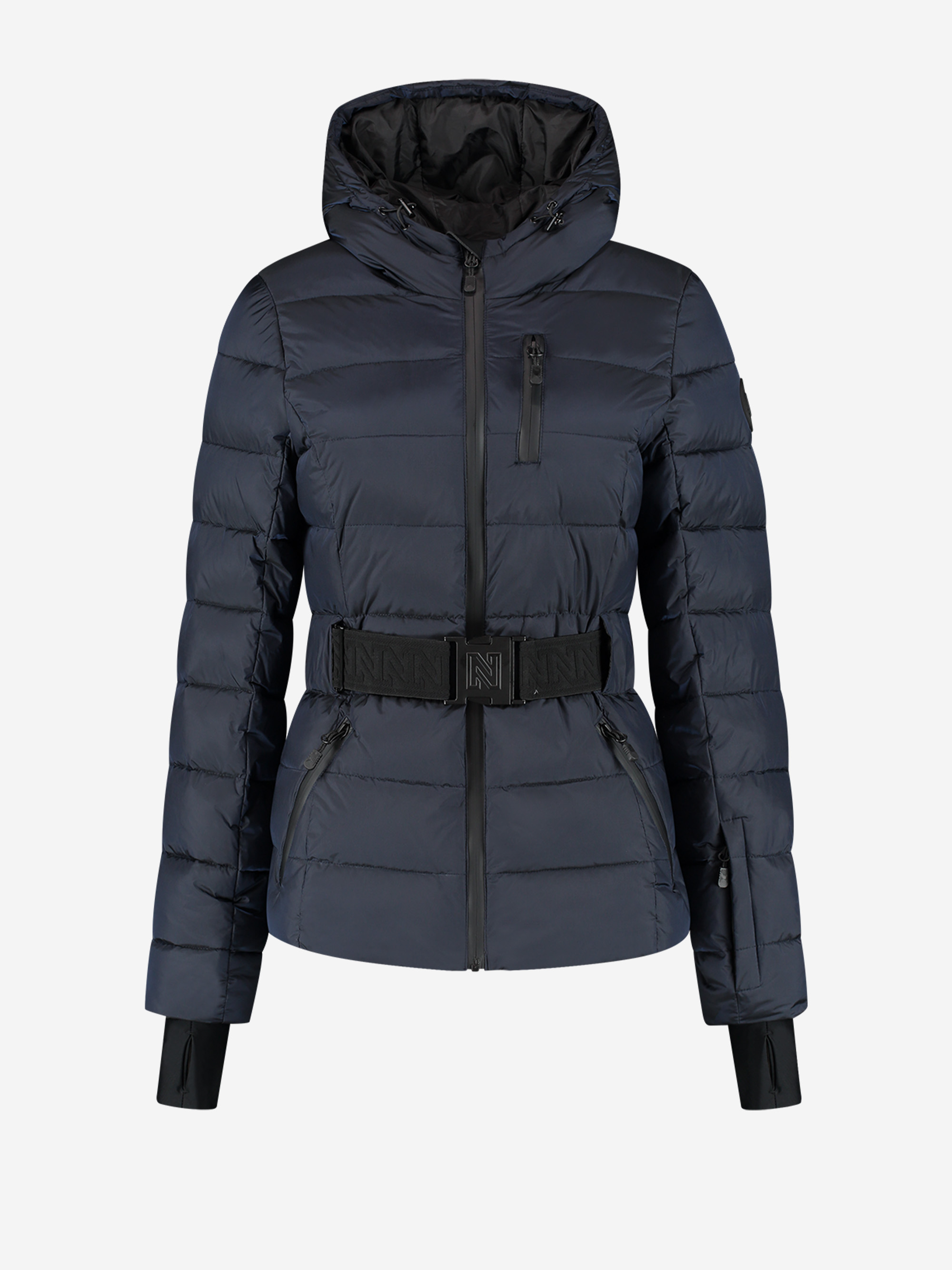 Ski jacket with hood and elastic belt