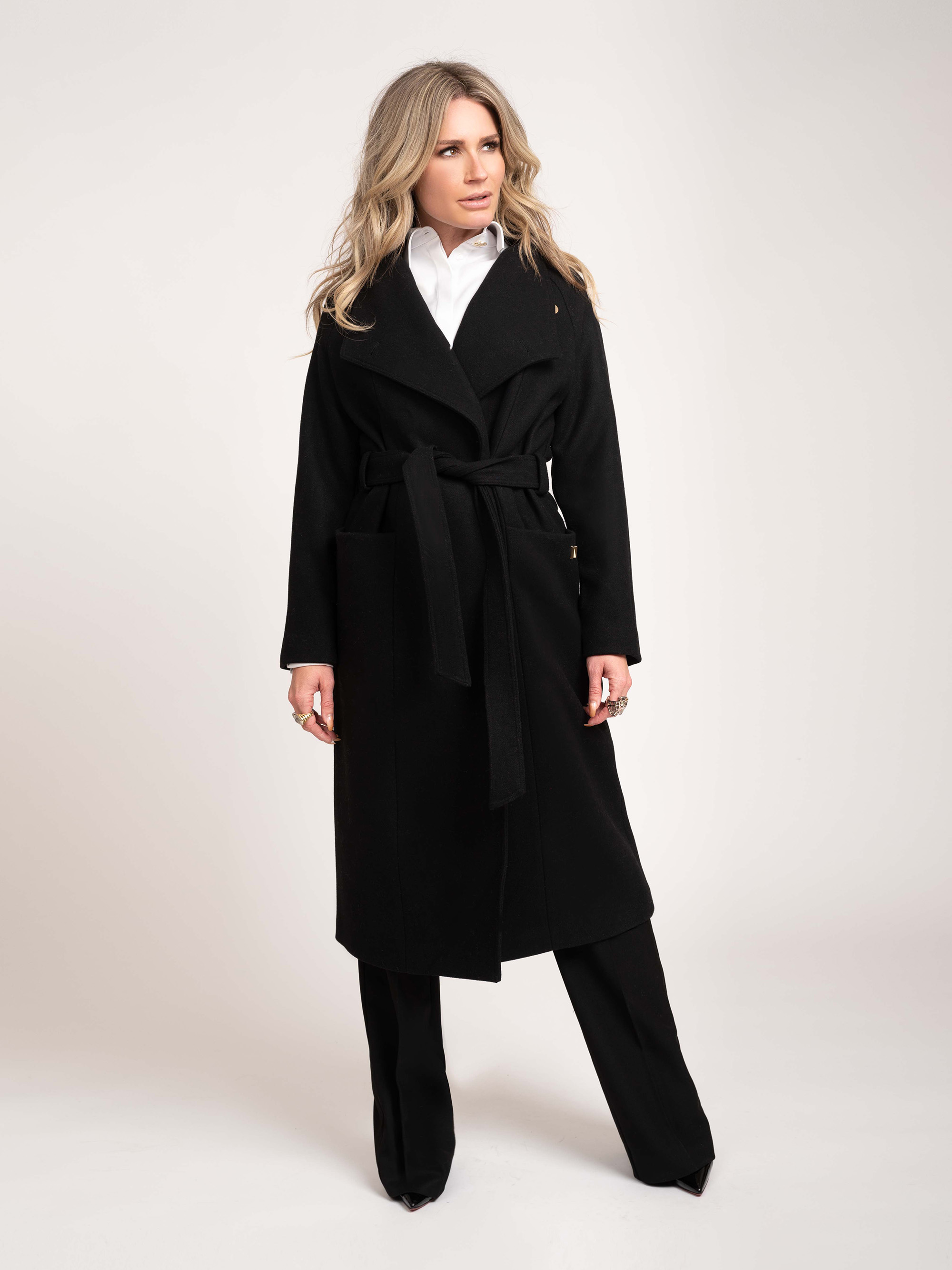 Long coat with tie belt