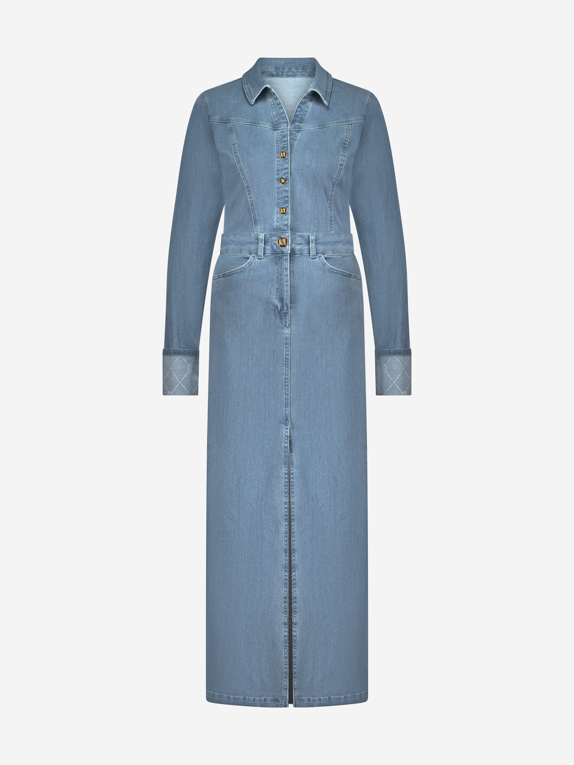 Lange denim jurk met split en omslagrand