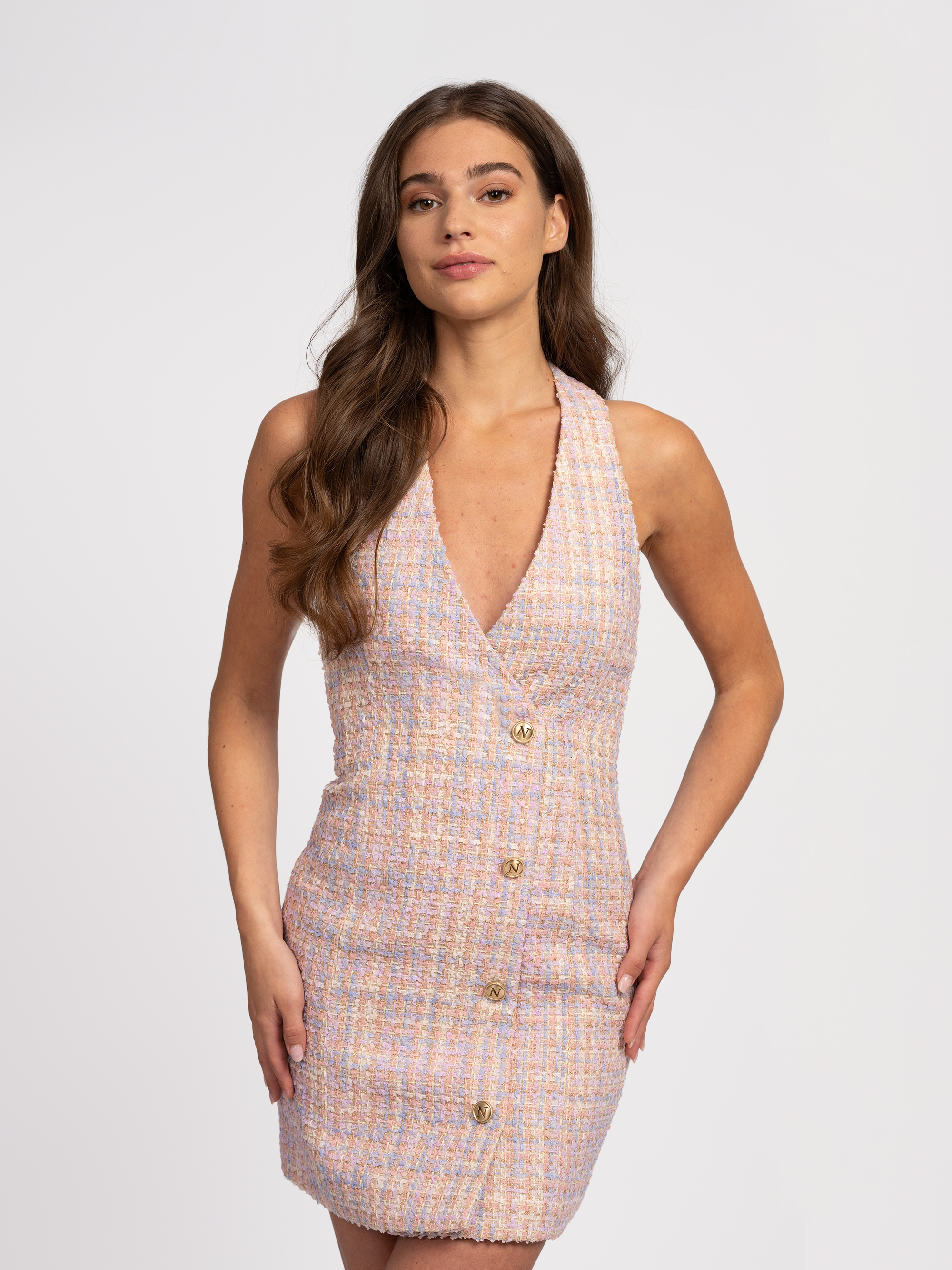 Halterneck dress in tweed