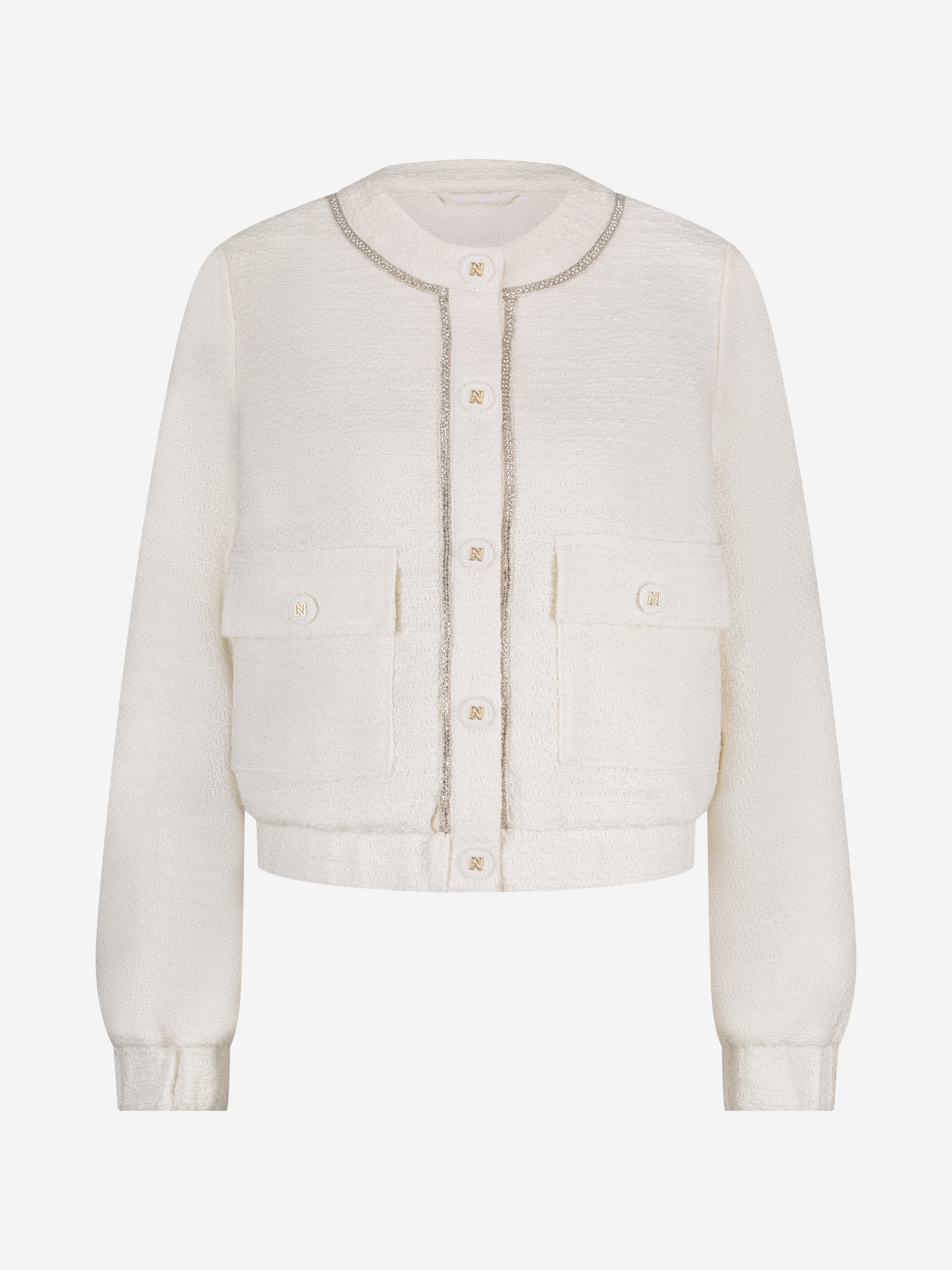 Kort tweed jack met N-knopen en glimmende biezen