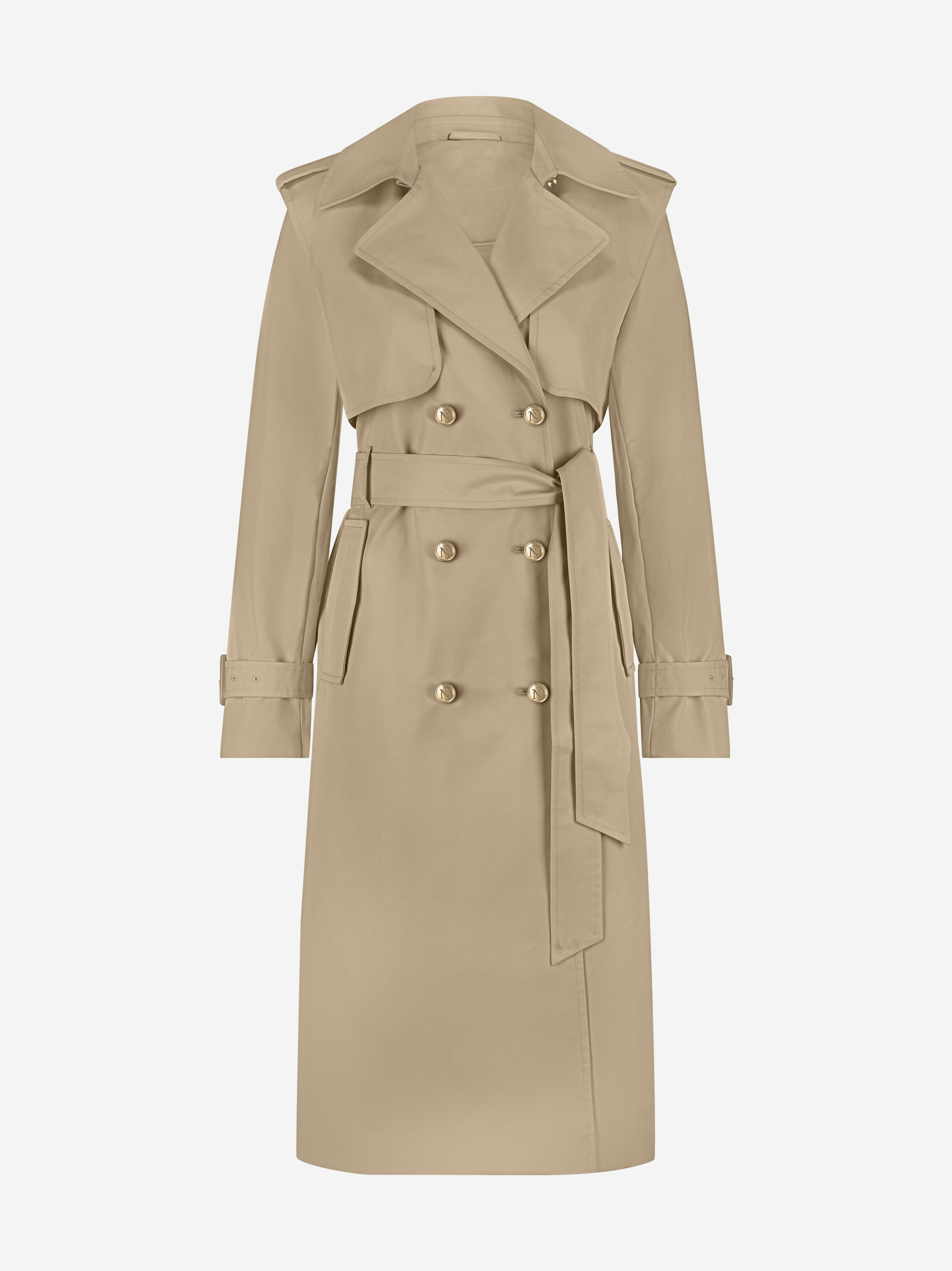 Long trench coat with belt and lapel collar
