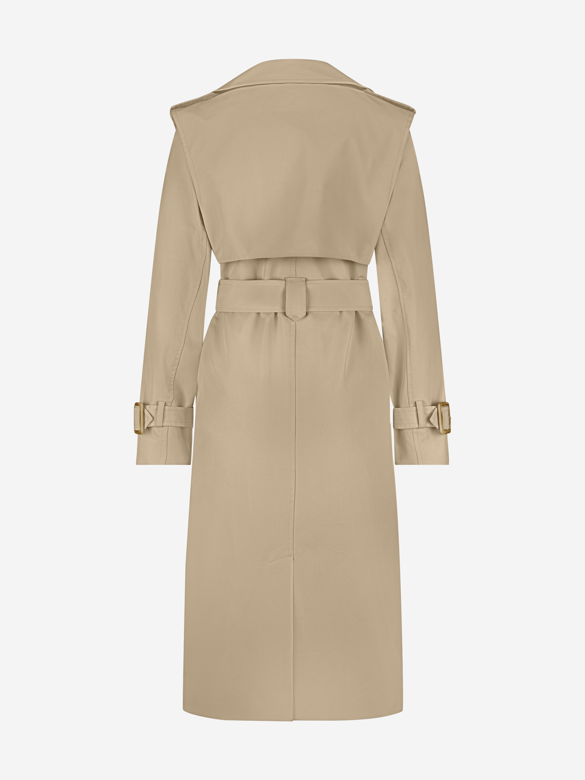Long trench coat with belt and lapel collar