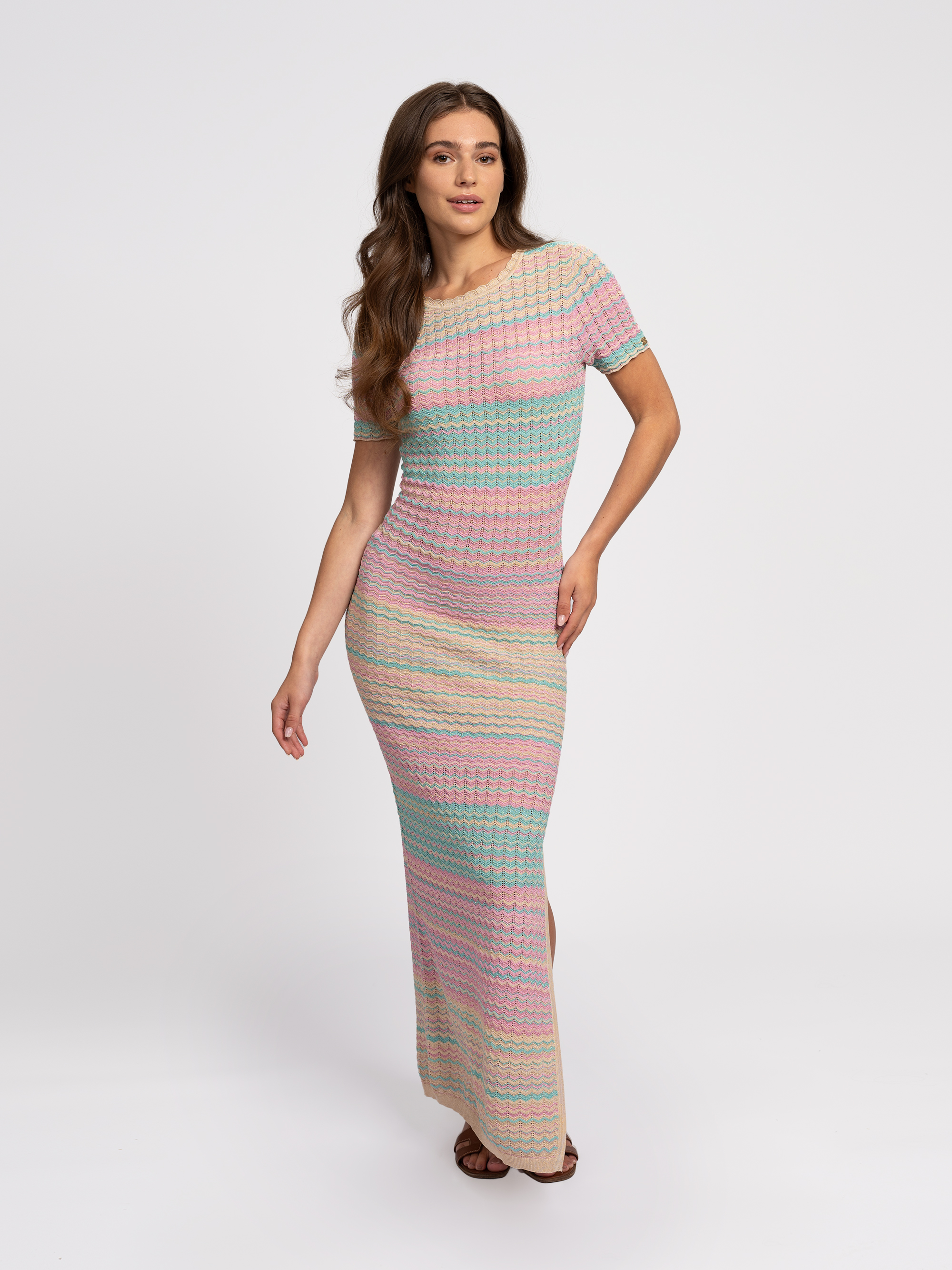 Opengebreide maxi jurk met glitterdraadje en split
