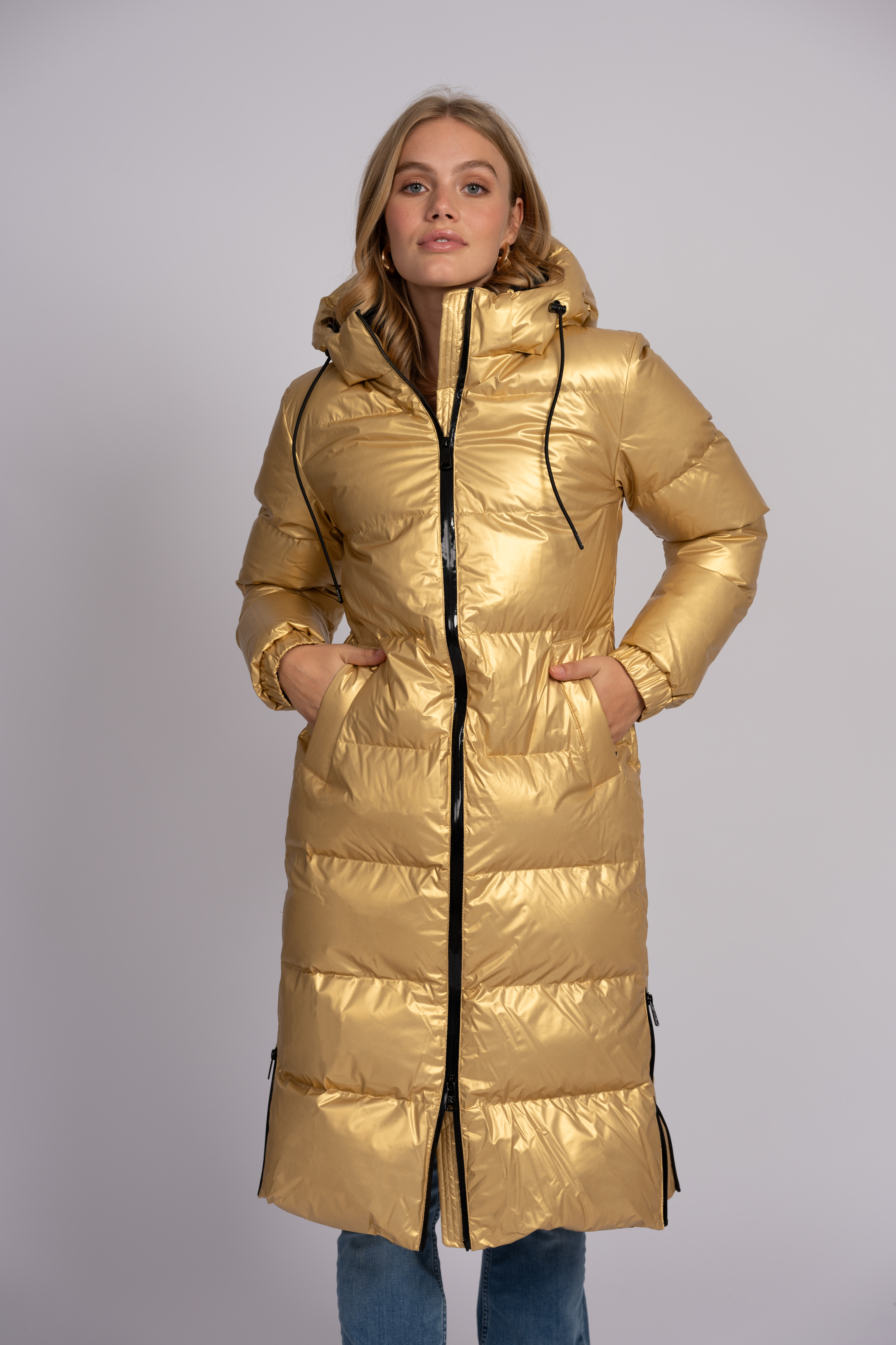 Lange puffer jas met metallic look