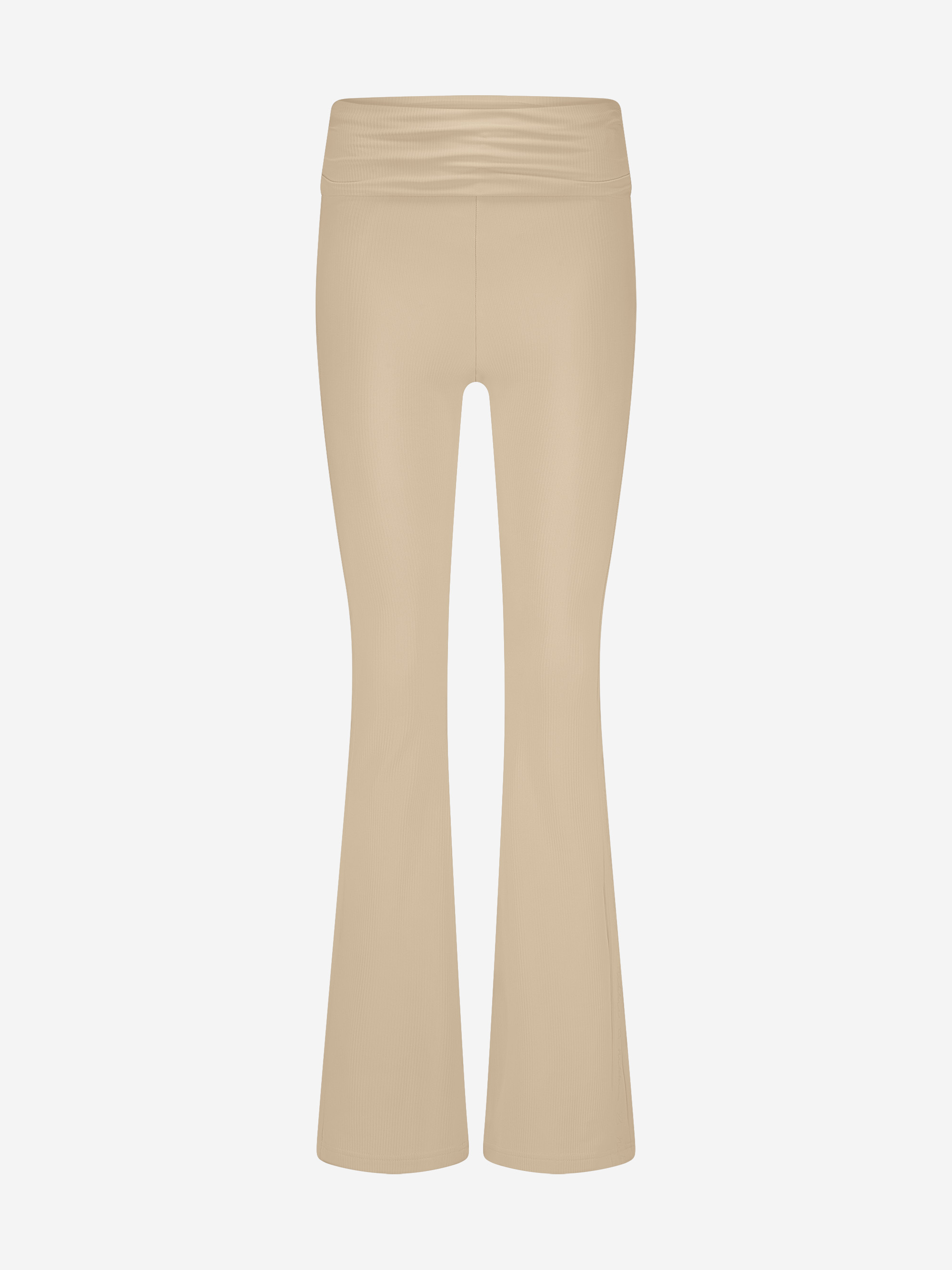 Geribbelde flared legging met omgeslagen taillerand 