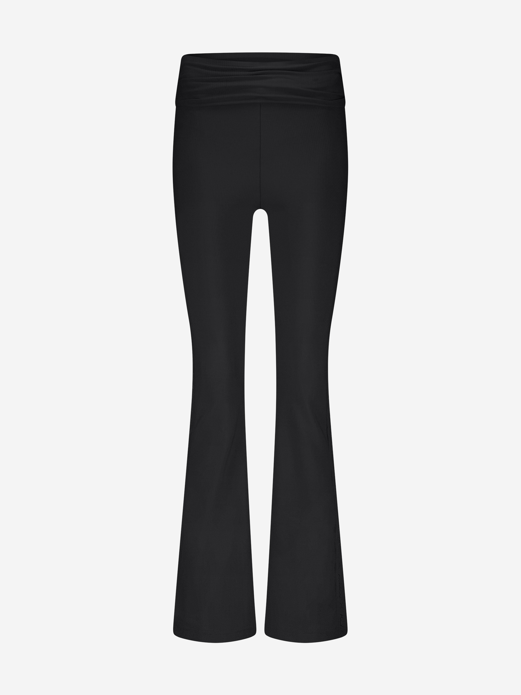 Geribbelde flared legging met omgeslagen taillerand 